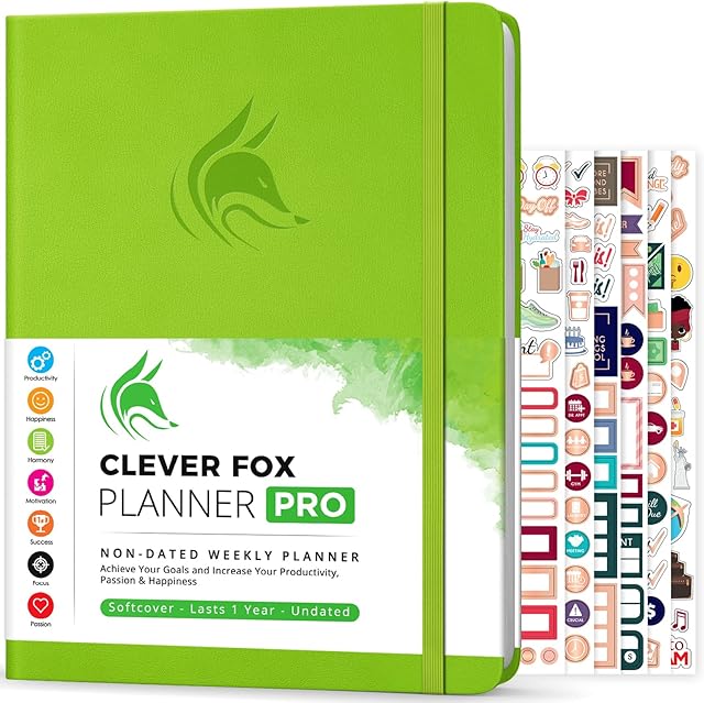 Clever Fox Planner PRO  Weekly & Monthly Life Planner to Increase Productivity, Time Management and Hit Your Goals  Organizer, Gratitude Journal  Undated  21.5x28cm  Lasts 1 Year (Lime Green)