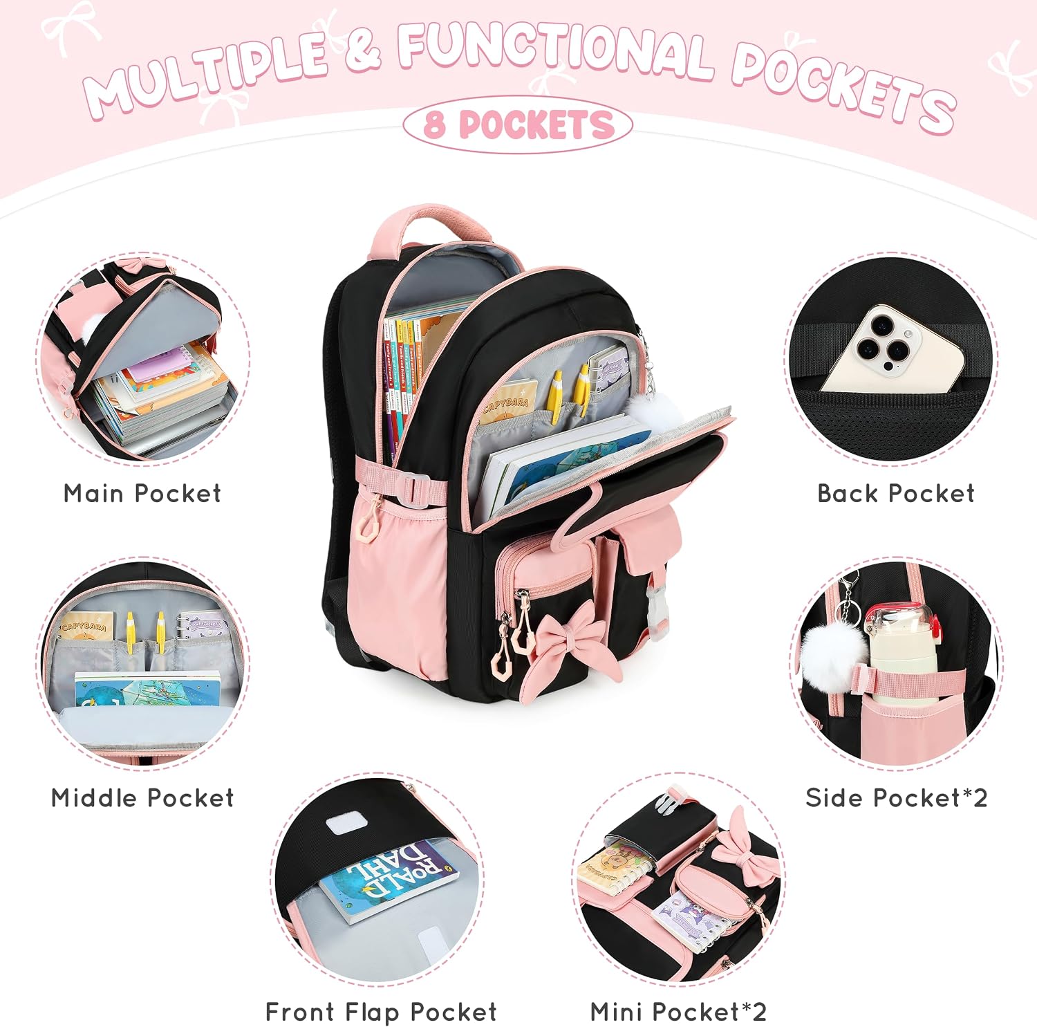 Backpack for Girls, 3PCS Girls Backpack with Lunch Box & Pencil Case, Waterproof Lightweight Bookbag for Girl Elementary Middle School, Bow Travel Daypack Black Pink thumbnail