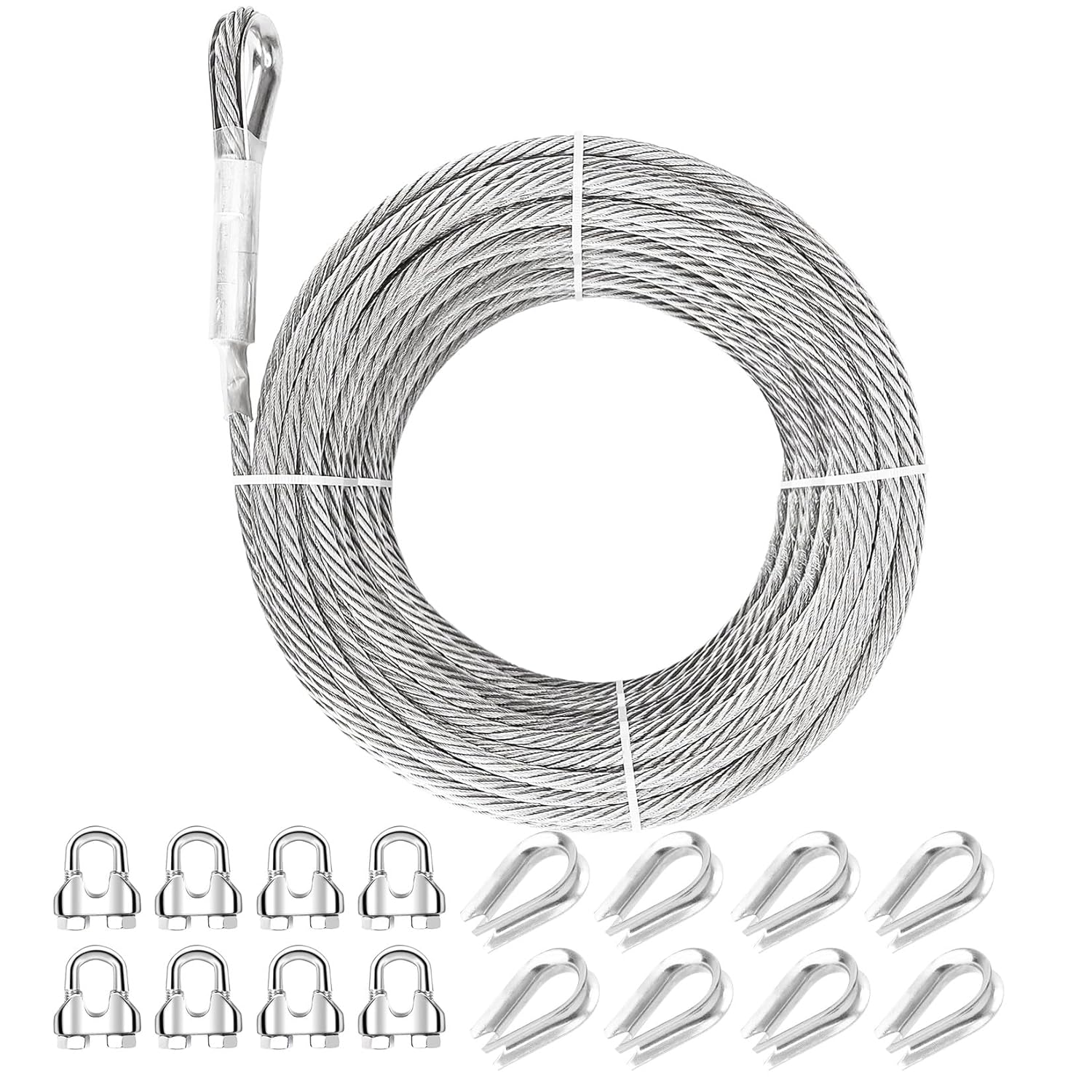 1/4 Stainless Steel Cable, 50ft 1/4 Wire Rope, 7X19 Strands with Stainless Cable Clamps&Thimble, 6400lbs Breaking Strength Aircraft Cable, Steel Cable with Loops for Zipline, Deck Railing