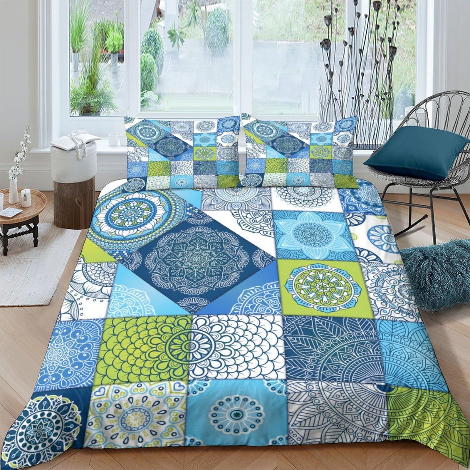 Ctjqhvkz Style-3 3D Printed Blue Geometric Mandala Fitted Sheet Microfiber Soft Breathable Mosaic Mattress Cover For Bedroom Home Decor Single（135X200cm）