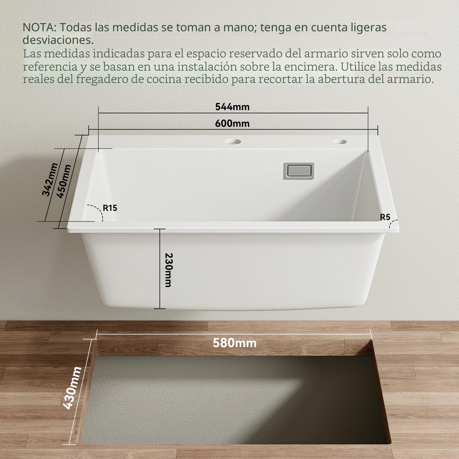 HOROW Fregadero de cocina compuesto de granito, tazón individual blanco de 60x45 cm, resistente a arañazos y manchas, superficie autorreparable, sellado con presión sin tapón adicional, con accesorios