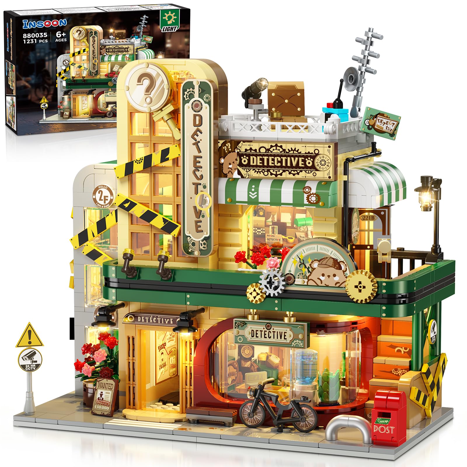 INSOON Detective Agency Building Set with LED Light, 1231PCS Detective House Building Block Toy with Clue Wall Sofa, Office Architecture Construction Model for Adults Teens Kids Boys Girls 6+