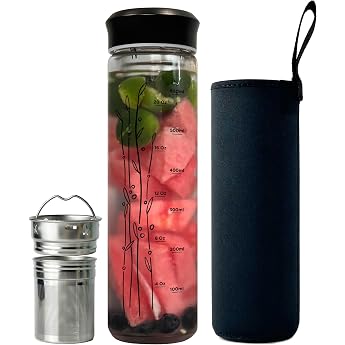 650 ml Glass Drinking Bottle with Black Stainless Steel Lid and Sleeve for Loose Tea Tea Bottle with Strainer to Go
