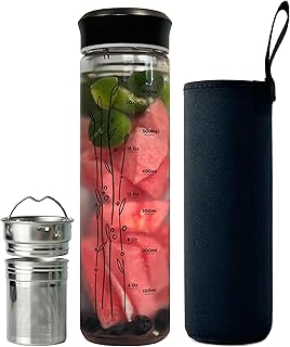 650ml Trinkflasche Glas mit Schwarzer Edelstahldeckel und Hülle für losen Tee, Teeflasche mit Sieb to go