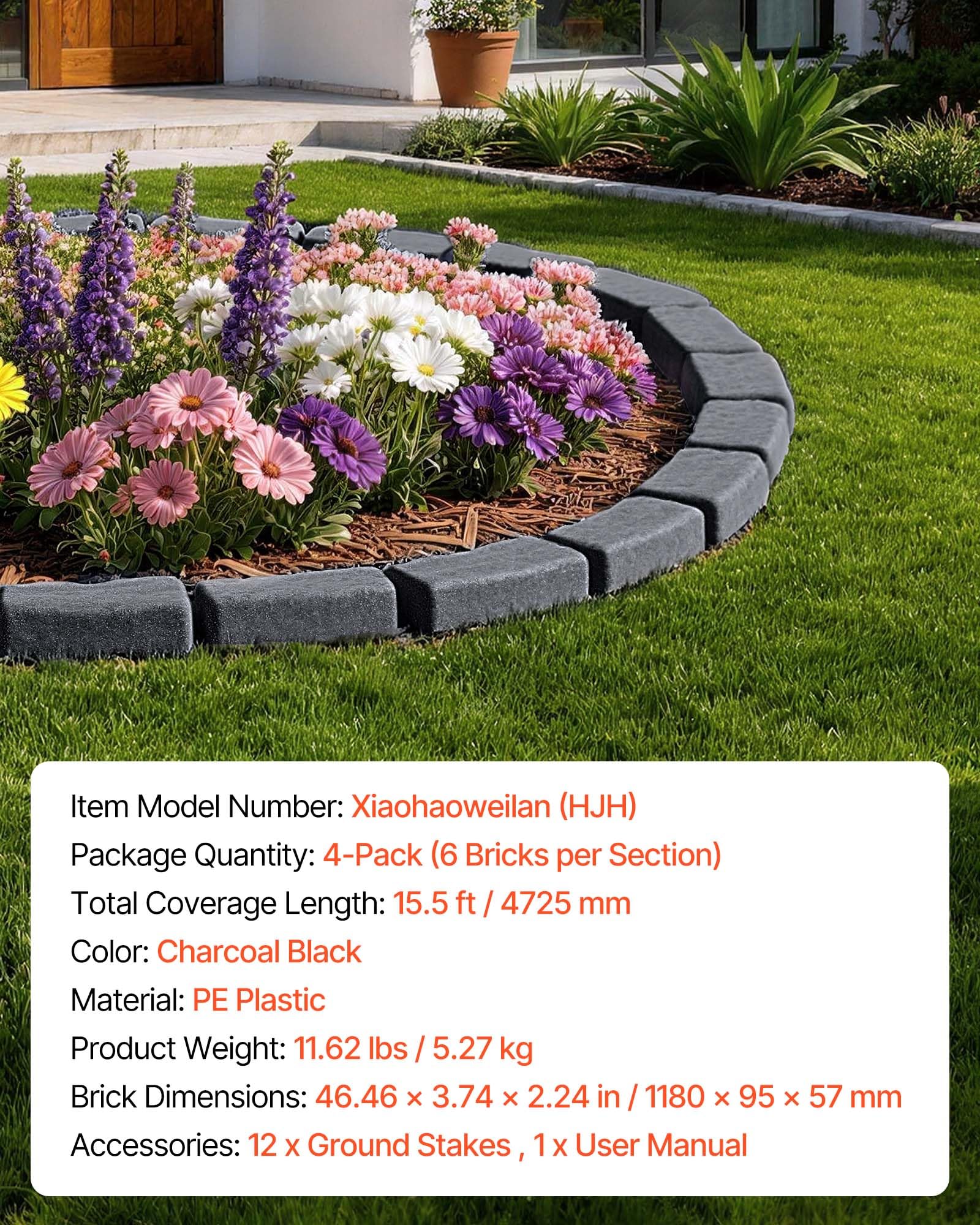 VEVOR Beeteinfassung in Steinoptik, 4,7 m, Beetumrandung ohne Graben, Rasenkante für Rasen, Blumenbeete & Garten, 4er-Pack (je 6 Steine ​​à 118x9,5x5,7 cm), 12 Befestigungsspitzen, Anthrazit