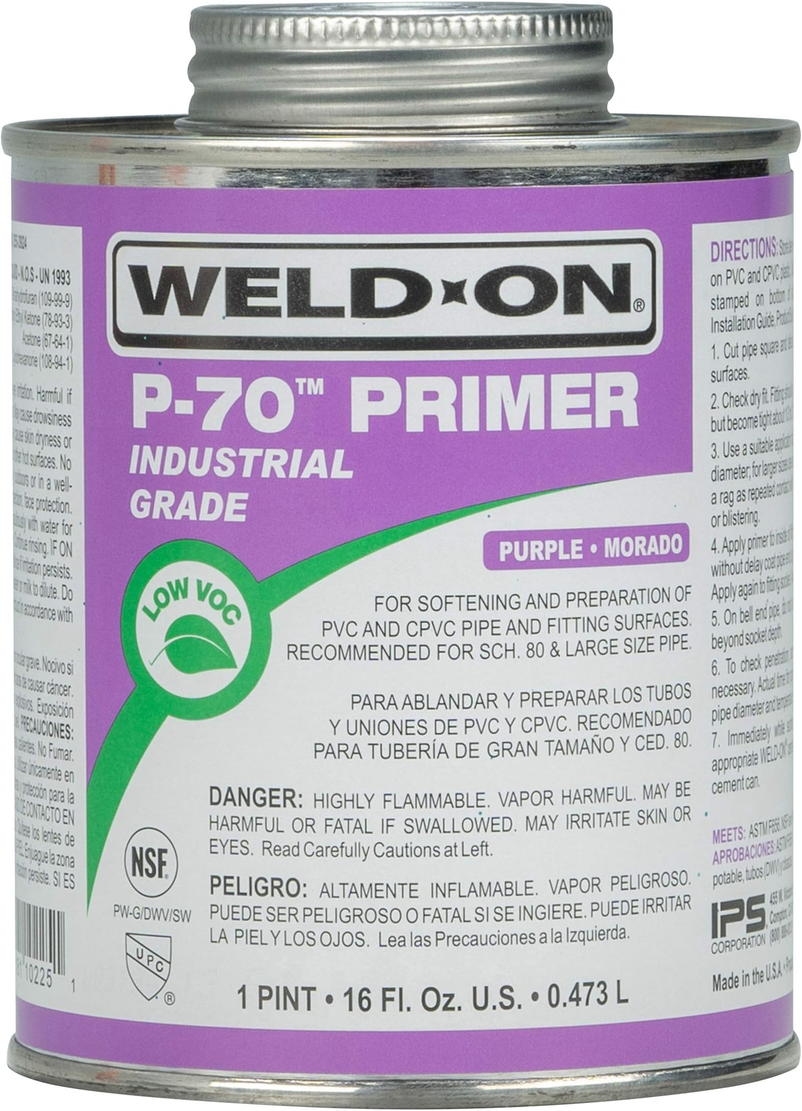10225 P-70 Industrial Grade PVC/CPVC Non-Bodied Primer - Fast Acting and Low-VOC, Purple, 1 Pint (16 fl oz)
