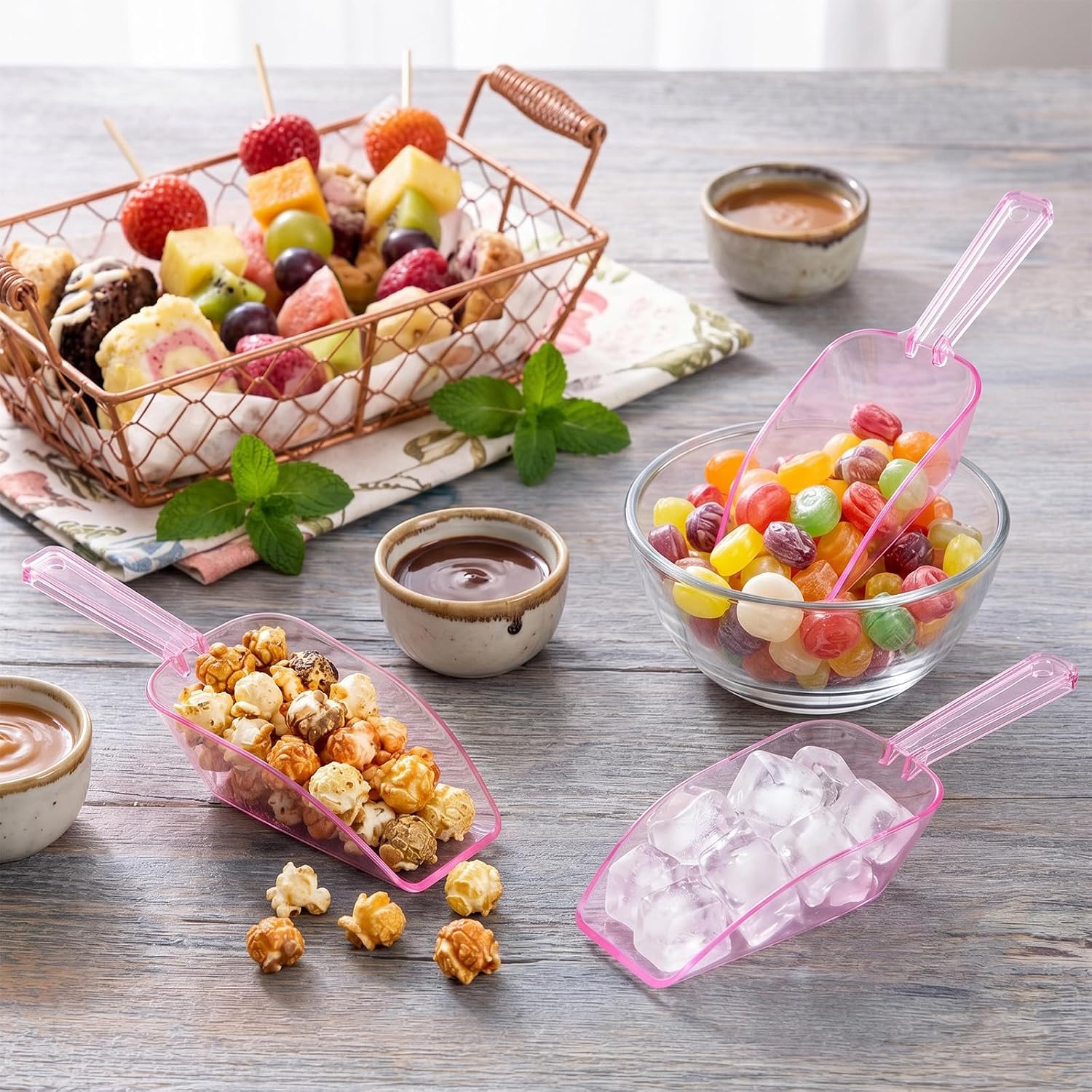 4Pcs Clear Plastic Ice Scoop for Freezer, Popcorn Candy Scoops for Buffet (Pink)