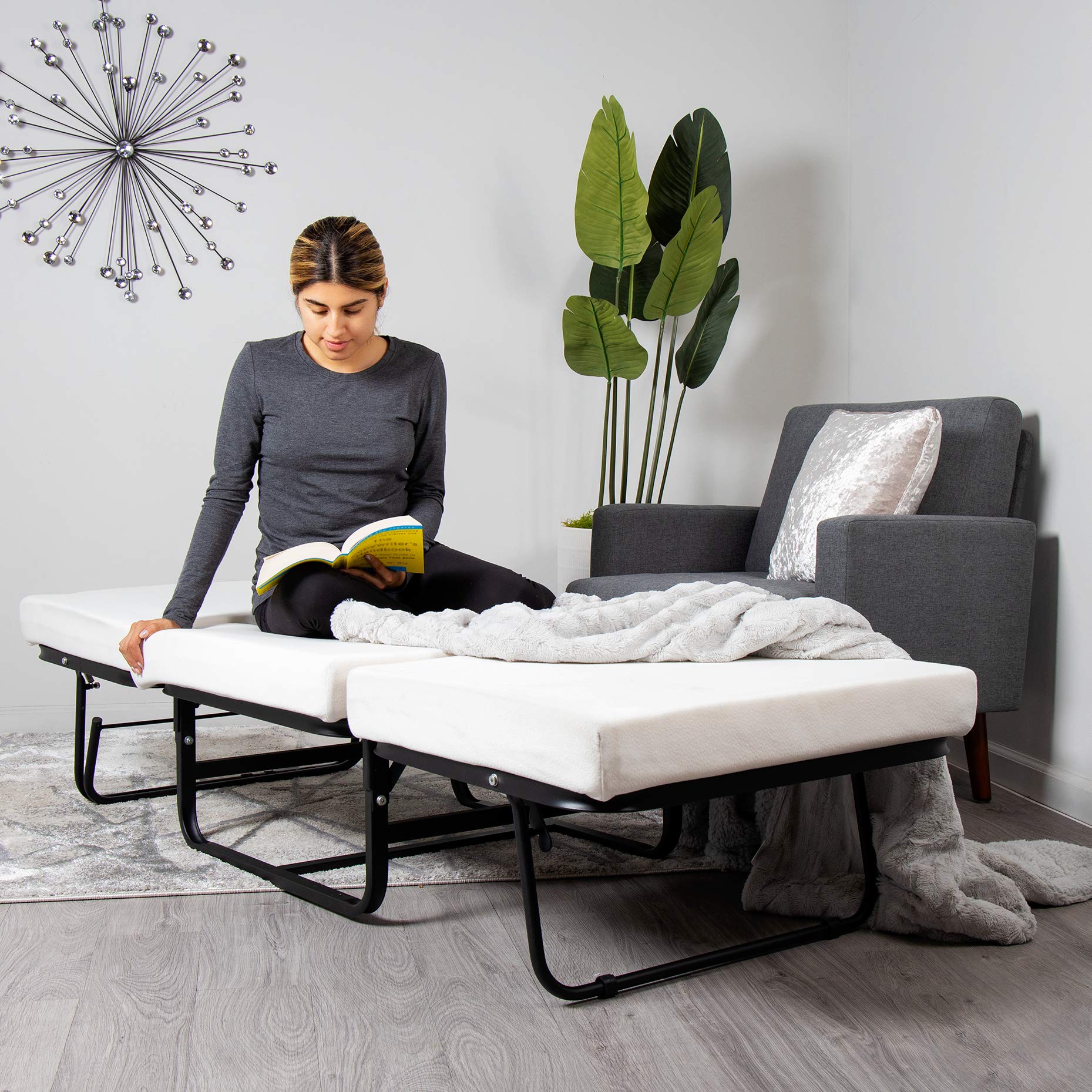 Milliard Folding Bed Ottoman Single Cot Size with Grey Suede Cover