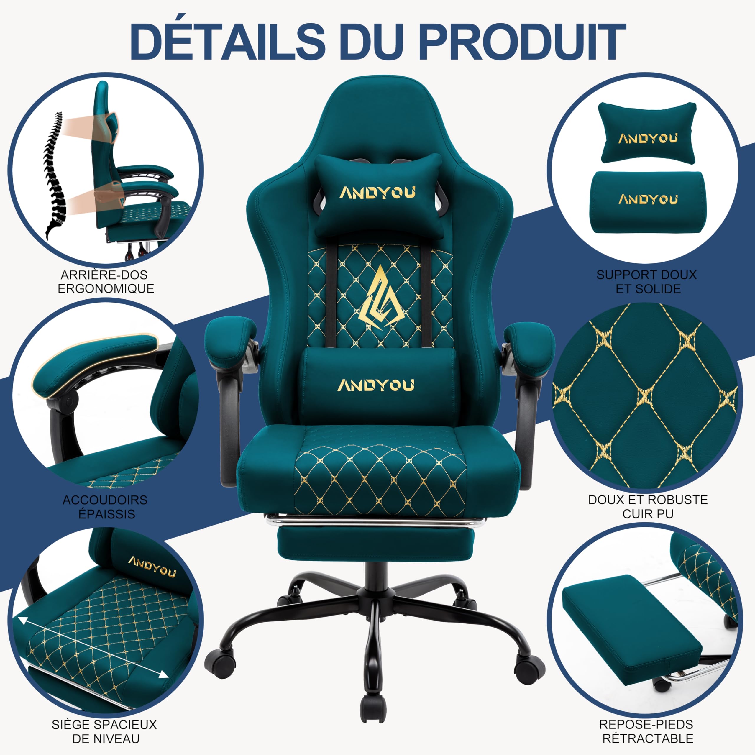 Andyou Chaise de Gamer Ergonomique, Chaise Gaming avec Soutien Lombaire Repose-Pieds, Fauteuil de Bureau réglable et pivotant capacité de Charge 150 kg, Cuir PU