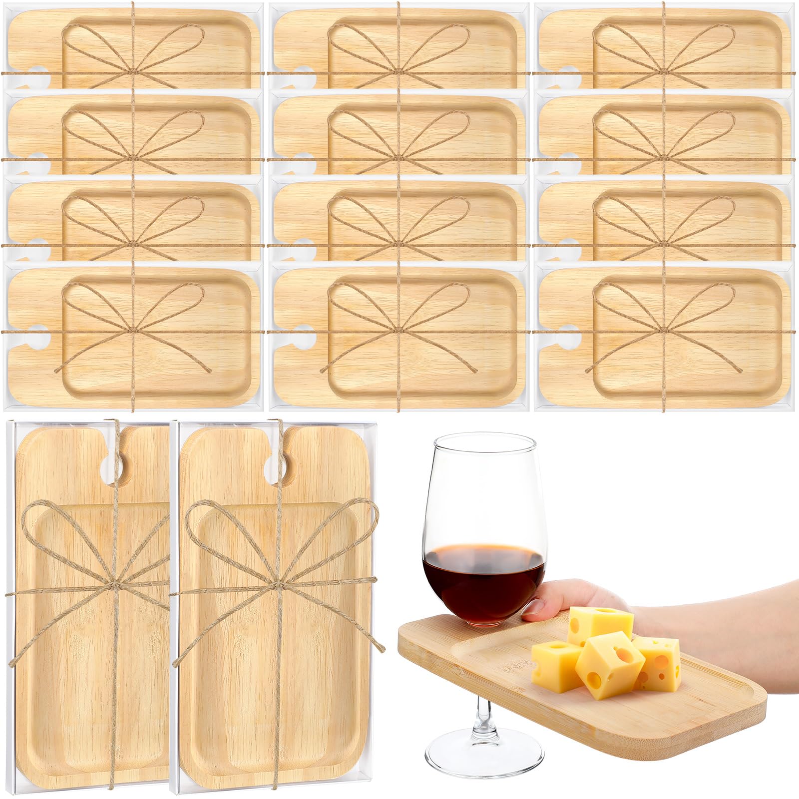 Menkxi Lot de 12 planches à charcuterie en bois avec support pour verre à vin et boîte, cadeaux pour invités, fête de mariage, fête prénatale (rectangulaires, couleur foncée)