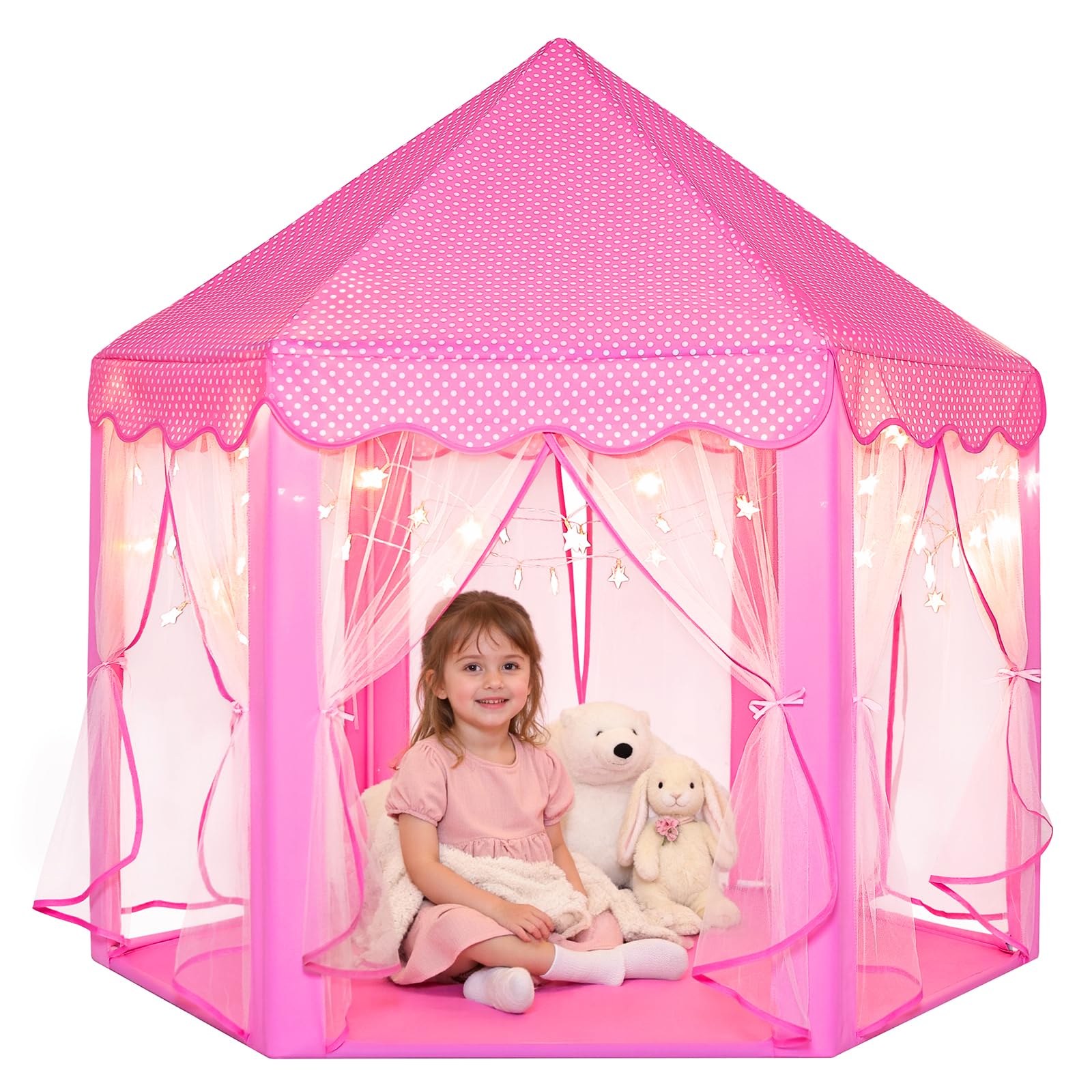 Sumbababy Princess Castle Tent for Girls Fairy Play Tents for Kids Hexagon Playhouse with Fairy Star Lights Toys for Children or Toddlers Indoor or Outdoor Games (Pink)