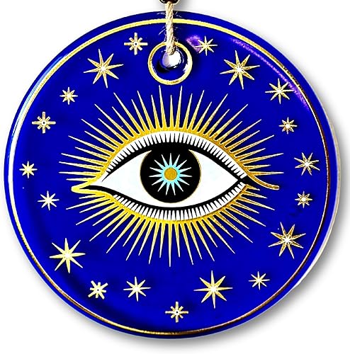 Vista 10 de XXL 7.8 pulgadas (7.9 in) transparente y dorado con patrón de un ojo hecho a mano para decoración de pared contra el mal de ojo, protección, adorno