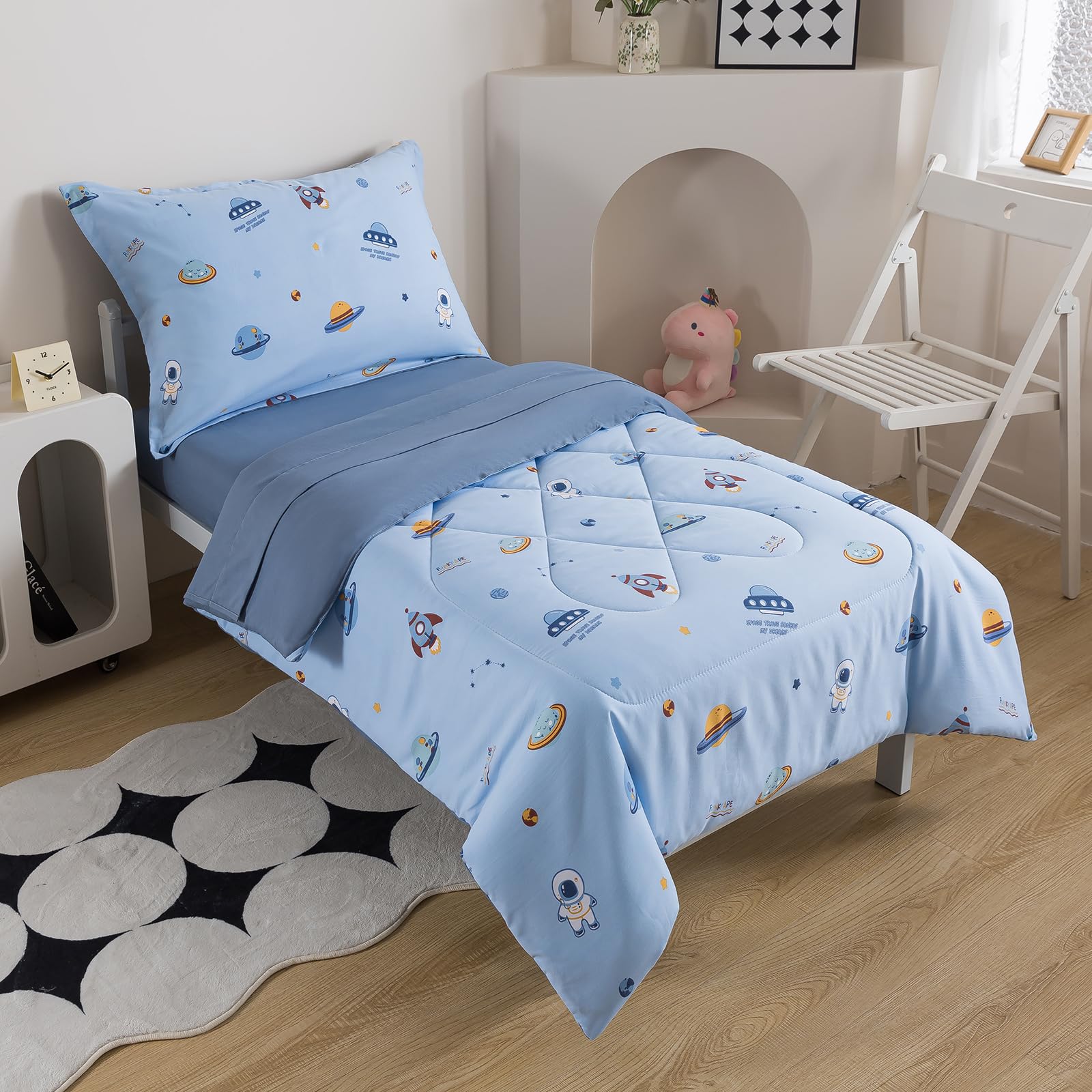 Caressma 5 Pieces Twin Size Comforter Set Bed-in-a-Bag,Soft Comforter Print Spaceship for Kids,Includes Blue Comforter, Fitted Sheet, Flat Sheet,Pillow Case &amp; Pillow Shame for All Seasons