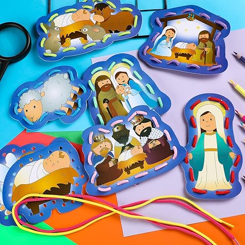 Miniatura 7 de Zonon 8 tarjetas de cordones para niños, tarjetas de costura en 8 patrones, juegos de cordones para desarrollar imaginación, suministros educativos