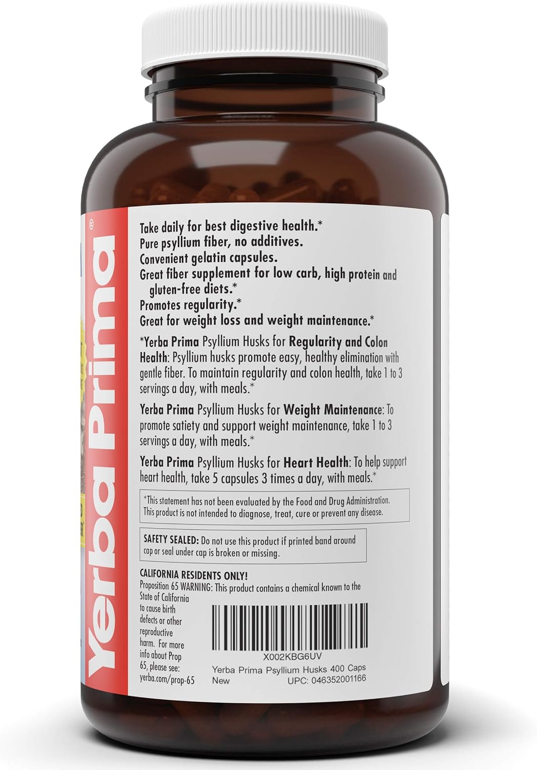 Yerba Prima Psyllium Husks Caps, 625 mg, 400 Capsules - Natural Fiber Supplement - (Packaging May Vary - New Label Coming Soon) : Health & Household