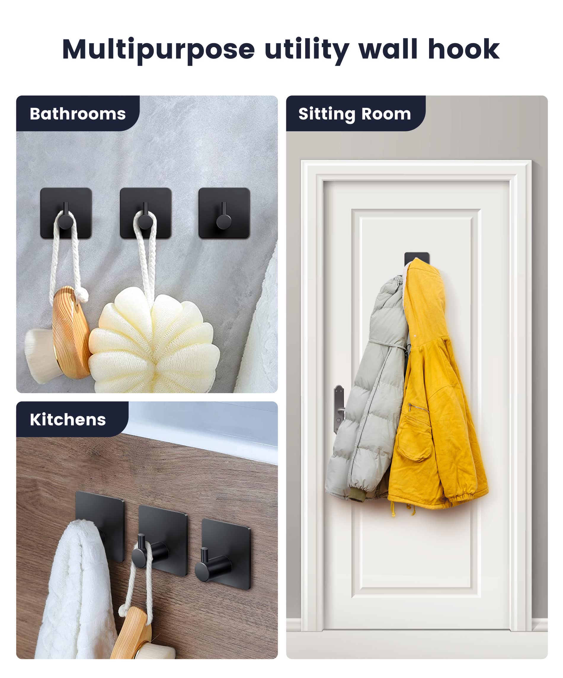 xdgeLoad Ganchos adhesivos para toallas de baño, ganchos adhesivos resistentes para toallas, paquete de 8, soportes para toallas para colgar, baño, cocina, bata, ganchos de pared de acero inoxidable