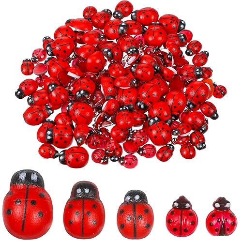 200 Piece Ladybug Decor Wooden Mini Resin Ladybugs Self-Adhesive Tiny