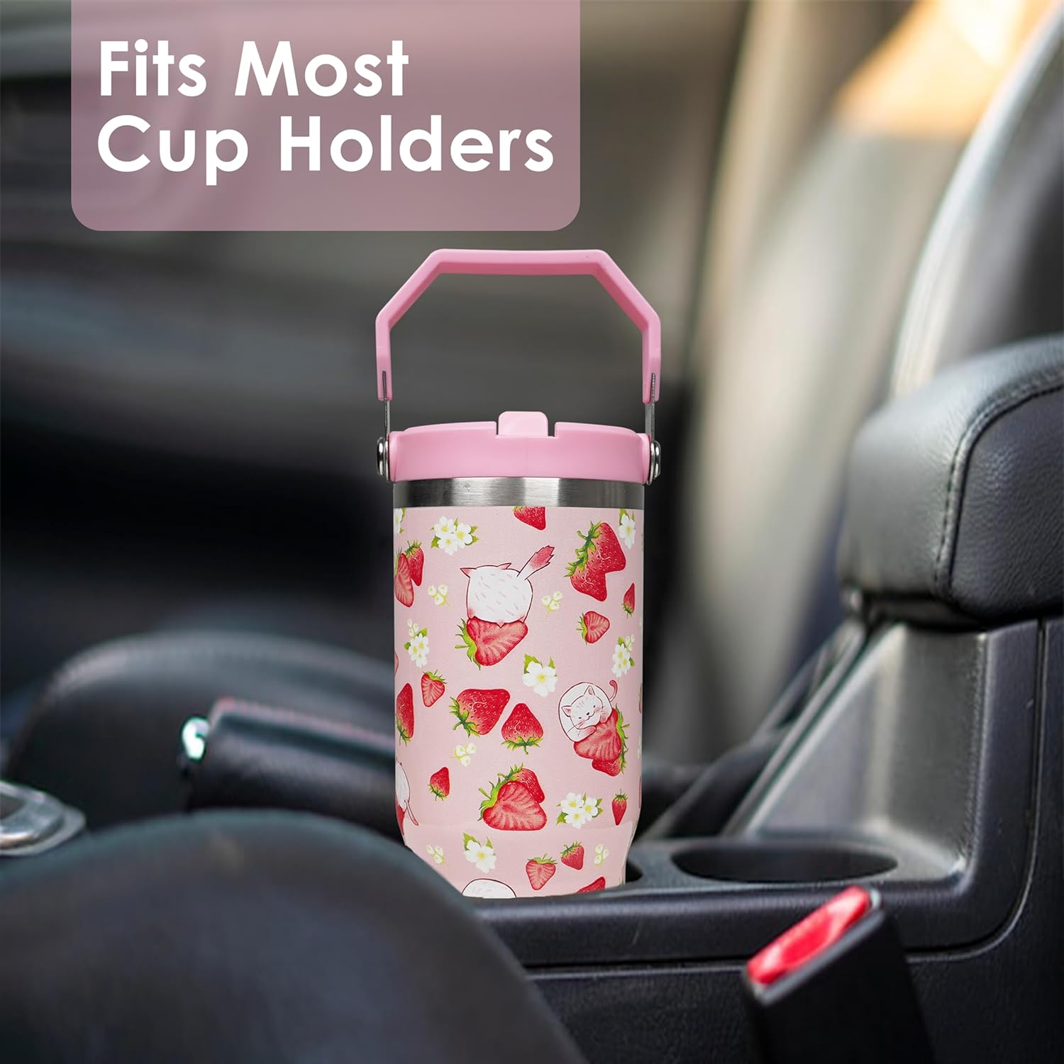 30 oz Strawberry Flip Straw Tumbler with Top Handle for Strawberry Lover Insulated Resuable Vacuum Tumbler with Flip Straw and Handle for Home Office Car Dishwasher Safe Pink Strawberry - Image 6