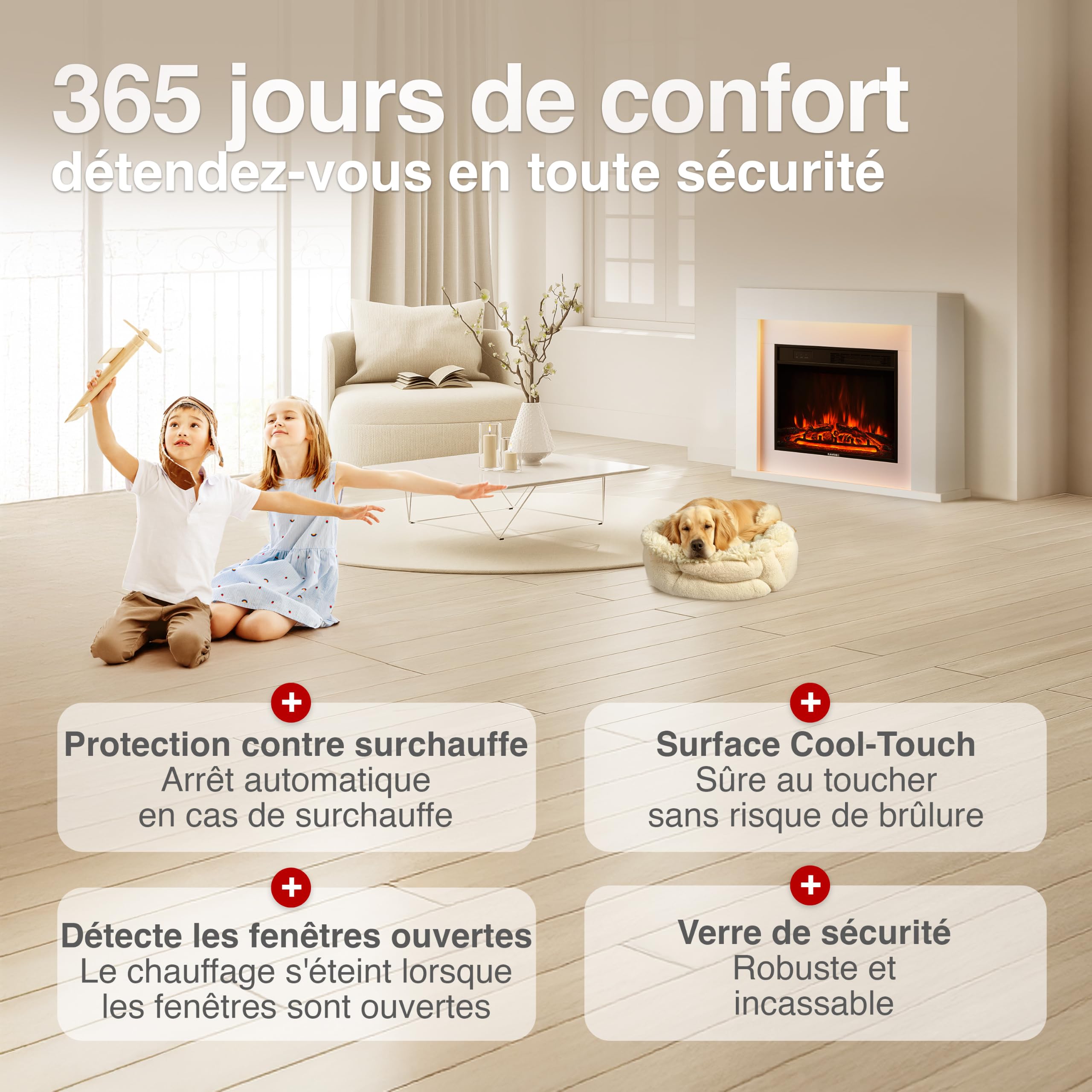 KAMINIO Cheminée Electrique Matti - Cheminée Électrique sur Pied avec Chauffage, Effet de Flamme 3D, lumière d'ambiance LED, télécommande - 38 Pouces (Blanc)