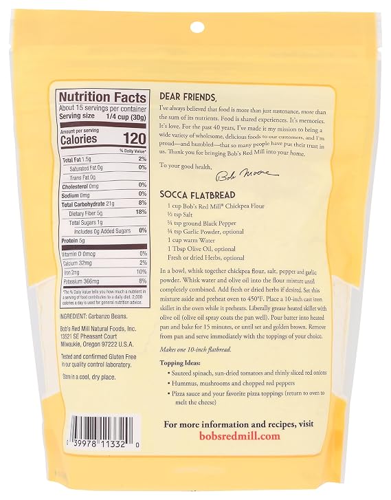 Bob's Red Mill Chickpea Flour, 16oz (Pack of 1) - Non GMO, Gluten Free, Vegan, Keto Friendly Friendly, Kosher
