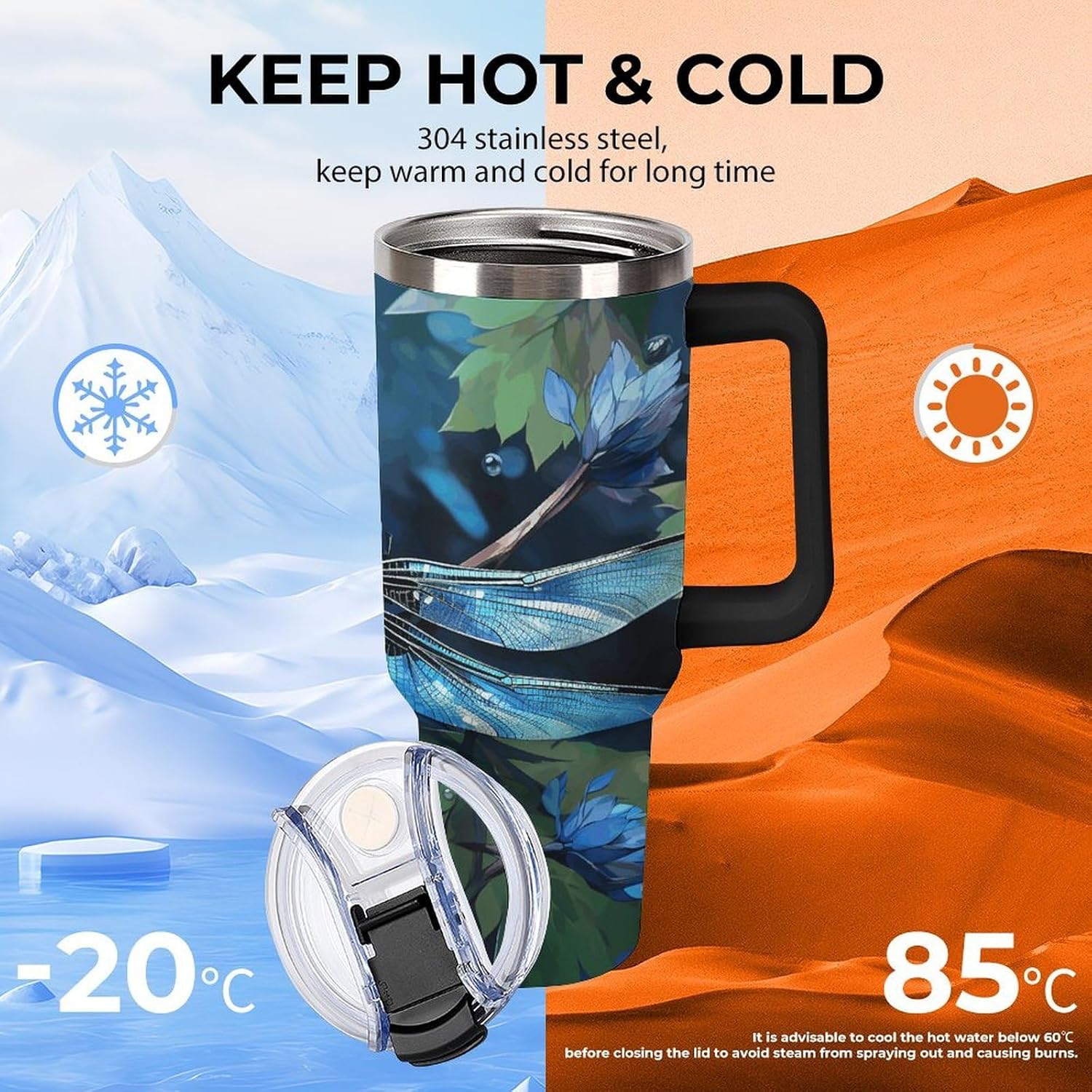 Art Blue Dragonfly Tumbler Stainless Steel Large Car Cup with Handle&Straw Lid Portable Coffee Cup Leak-proof Water Bottle Insulated Vacuum Travel Mug for Home Outdoor 40oz