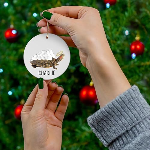 Miniatura 4 de Deslizador de orejas rojas alas de ángel de tortuga, adornos de Navidad personalizados conmemorativos 2025 círculo blanco cerámica dueño mascotas