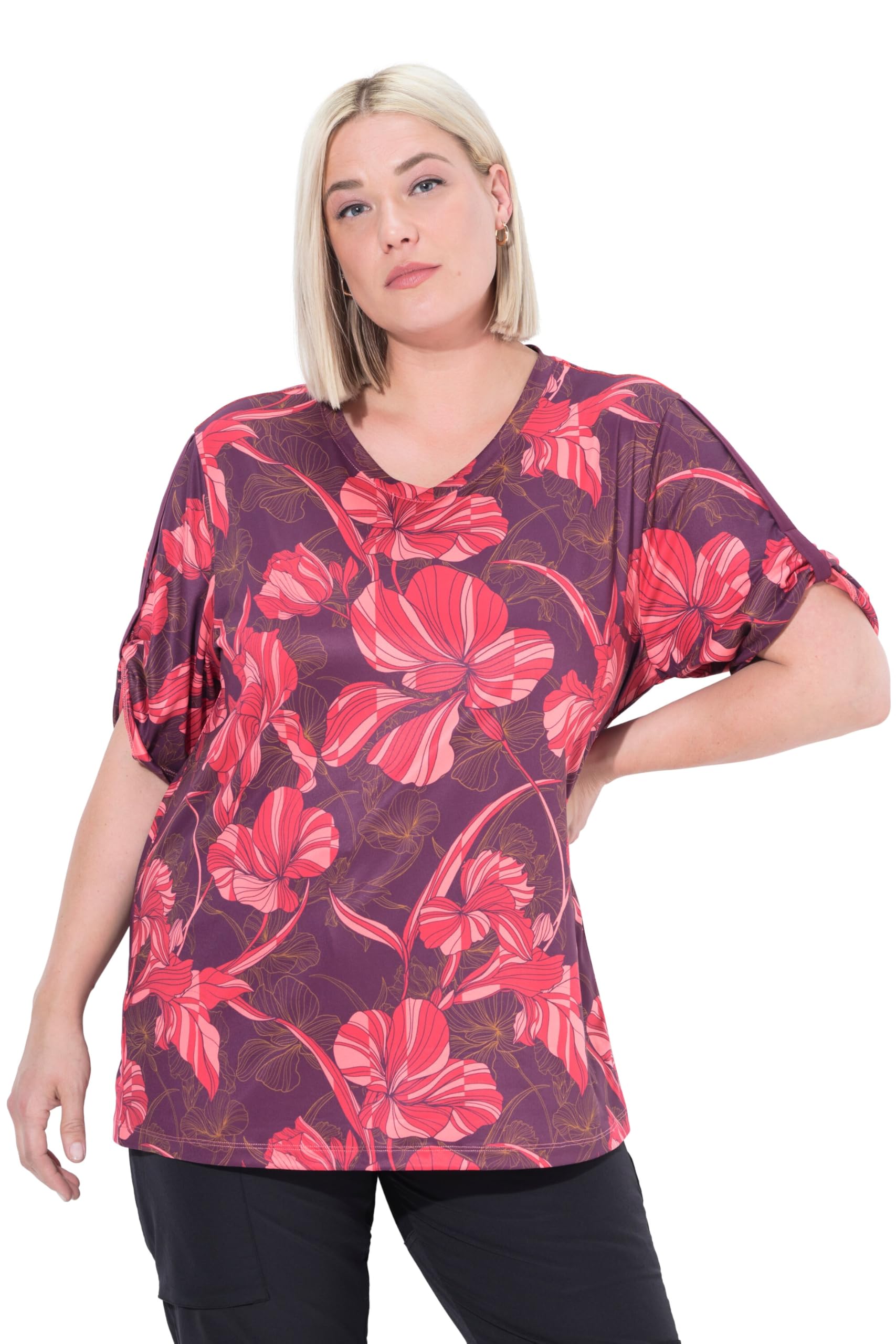 Ulla Popken Damen große Größen Übergrößen Plus Size Funktionsshirt, Blüten, V-Ausschnitt, Halbarm, recycelt 840629