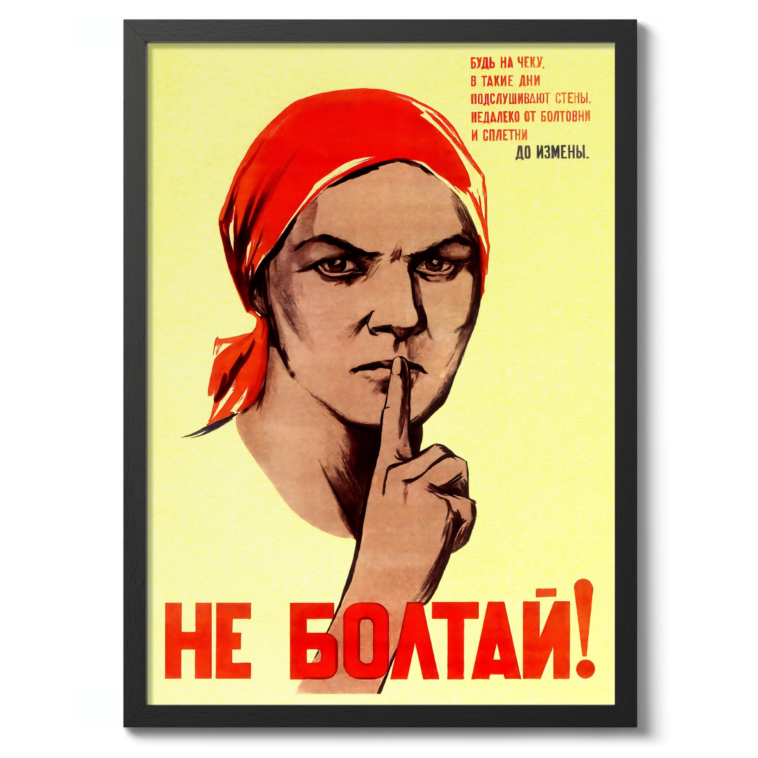 Don'T Chat Russian Soviet Union Propaganda Print, Vintage Space Race Poster Bedroom Retro Wall Art Picture, A2 (Black Frame) - 62.5x45.1cm