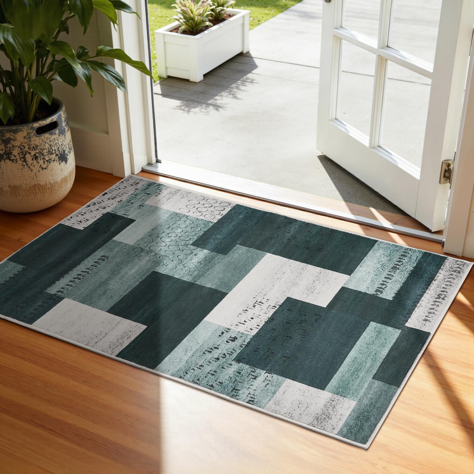 Teppich Klein 60X100cm, Fußmatte Innen, Vintage Kariert, Grün & Multi | Waschbare Teppiche Vintage Design Rug 6mm Ultradünner mit Rutschfester Rückseite für Eingang, Flur und Korridor