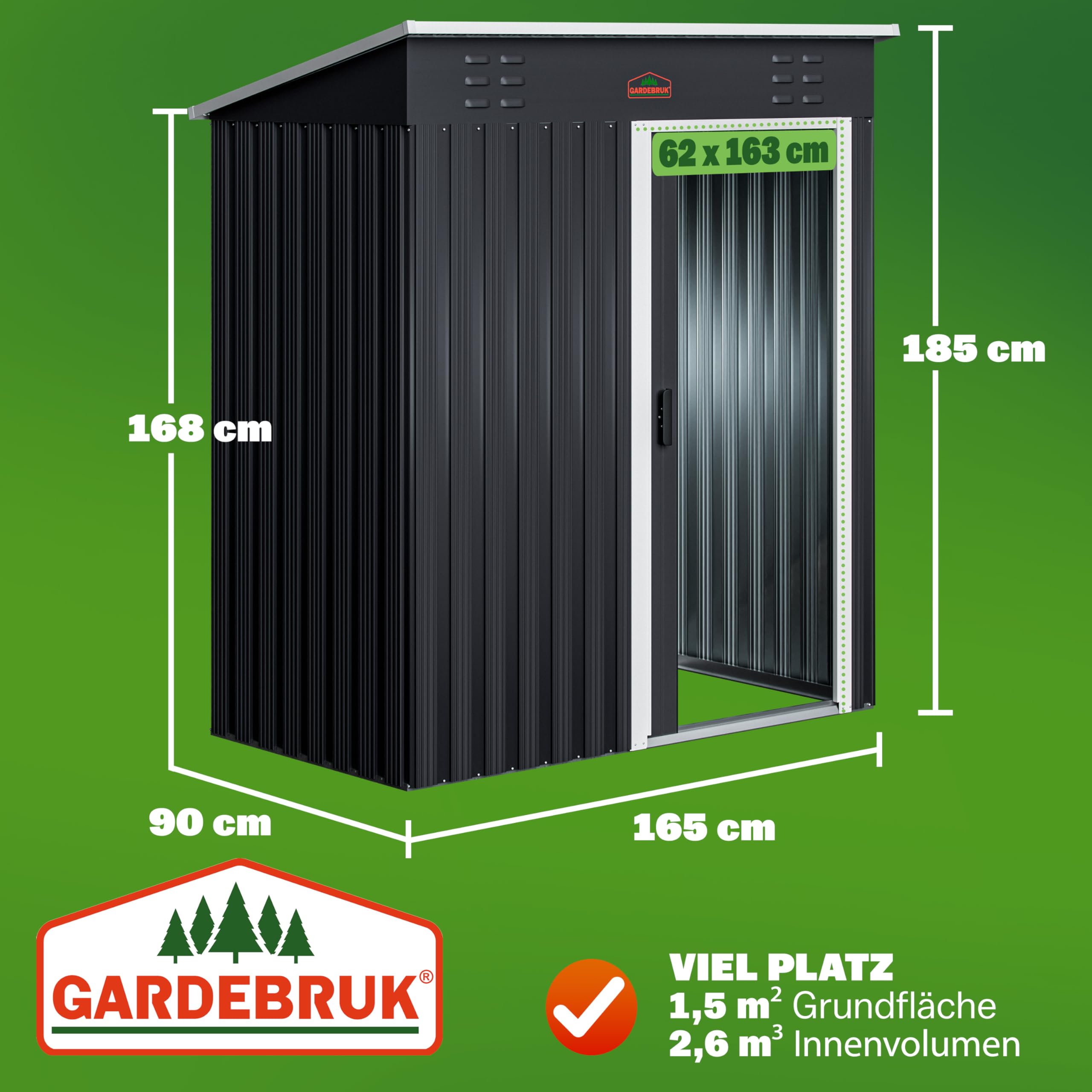 GARDEBRUK® Geräteschuppen 185x165x90cm 1,5m² Schiebetür 20kg Halter Handschuhe Belüftung rostfreies Metall Pultdach Anthrazit Gerätehaus Gartenhaus