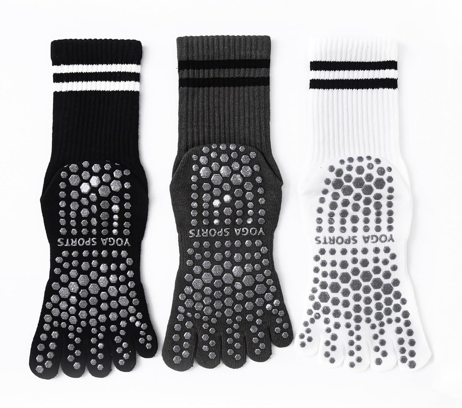 3Pairs Grippy Yoga Socks for Women – Full Toe Cotton Crew Pilates Socks with Non Slip Sticky Grip Bottom,Gifts for Yoga,Barre,Pilates,Dance,Exercises and indoor walking.(Black/Grey/White) - Image 9