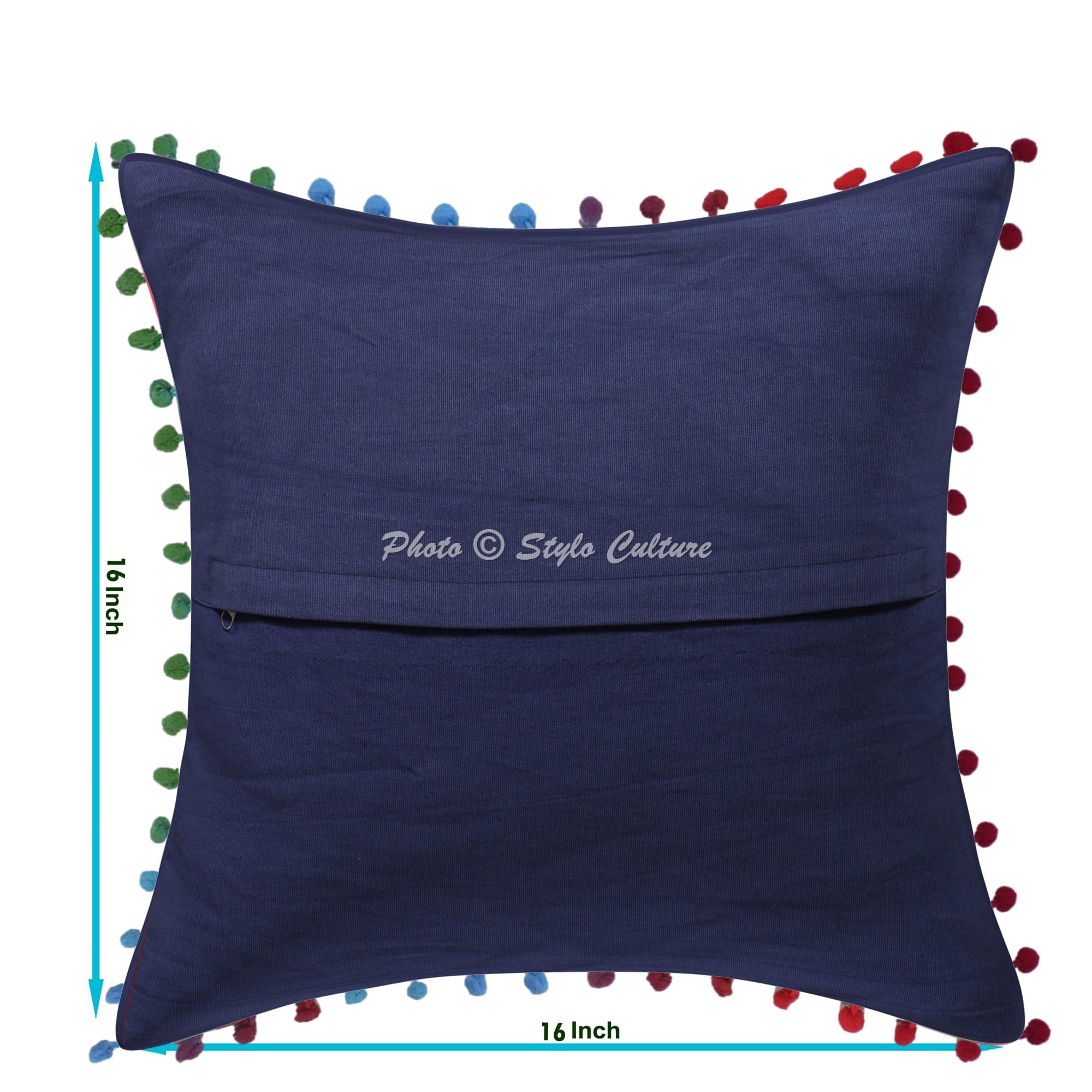 Indische Dekorativ Baumwolle Couch Kissenbezüge 40x40 cm Grau Dekokissen Suzani Bestickte Pom-Pom-Spitze Schlafzimmer Sofa Kissen Bezüge Blumen Quadrat Kissenhullen - 4 STK.