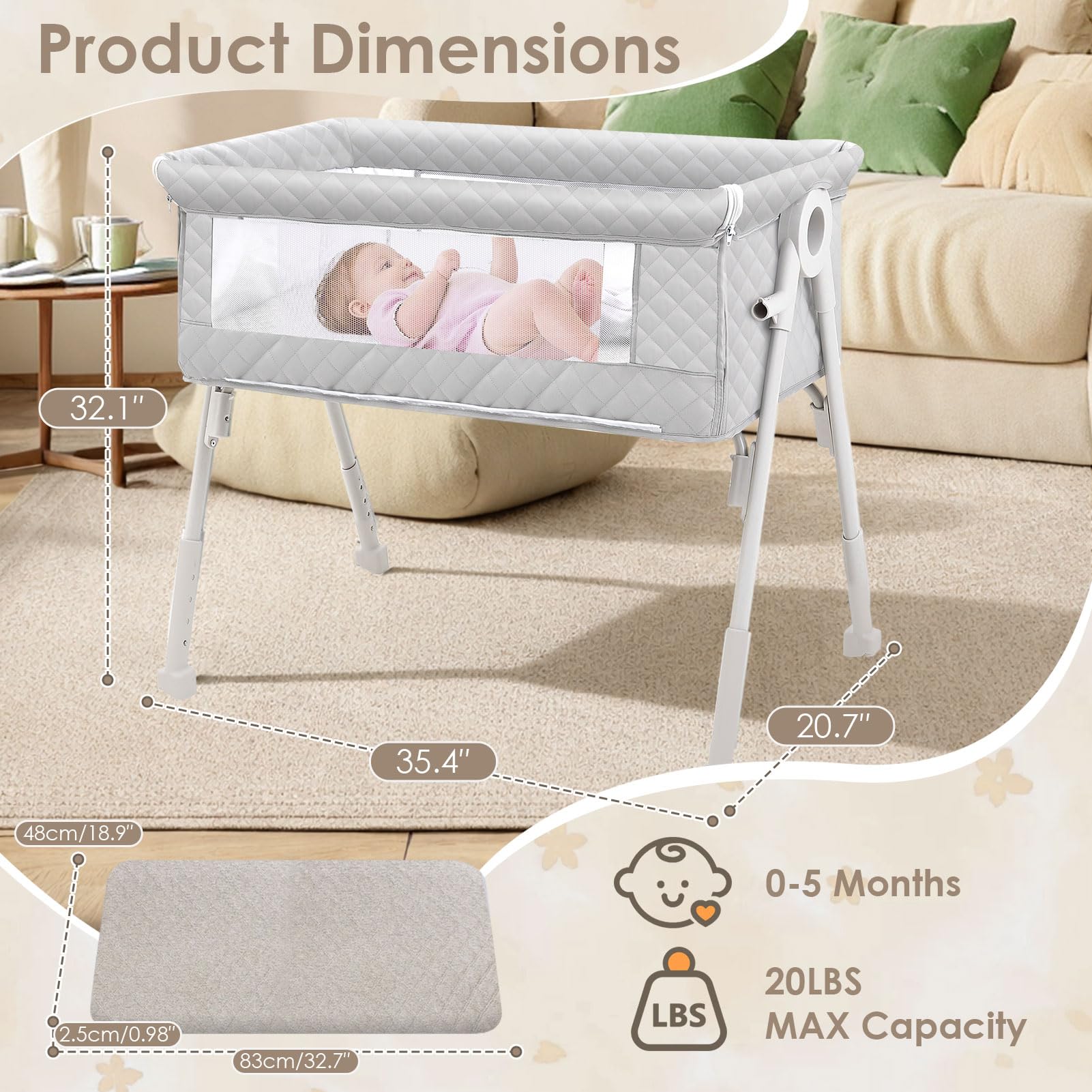 Beistellbett Baby, 3-in-1 Beistellbett, Babybett für Neugeborene mit atmungsaktivem Netz, höhenverstellbar & neigbar, inkl. Matratze, für Zuhause & unterwegs, Hellgrau | 4 Auto-Lock Räder