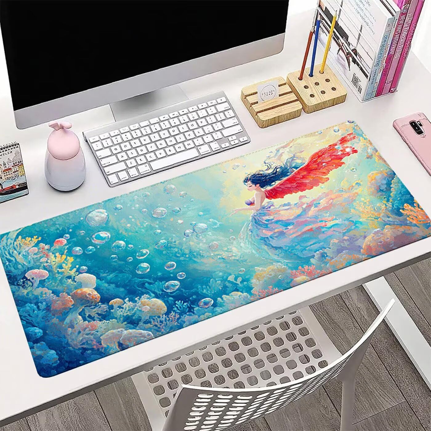 Podkładka pod mysz do gier XXL 1000 x 500 x 3 mm, syrenka duża podkładka pod mysz do gier XXL z wodoodporną i antypoślizgową gumą, podkładka pod mysz oceanową, ręczna podkładka pod mysz do biura, do