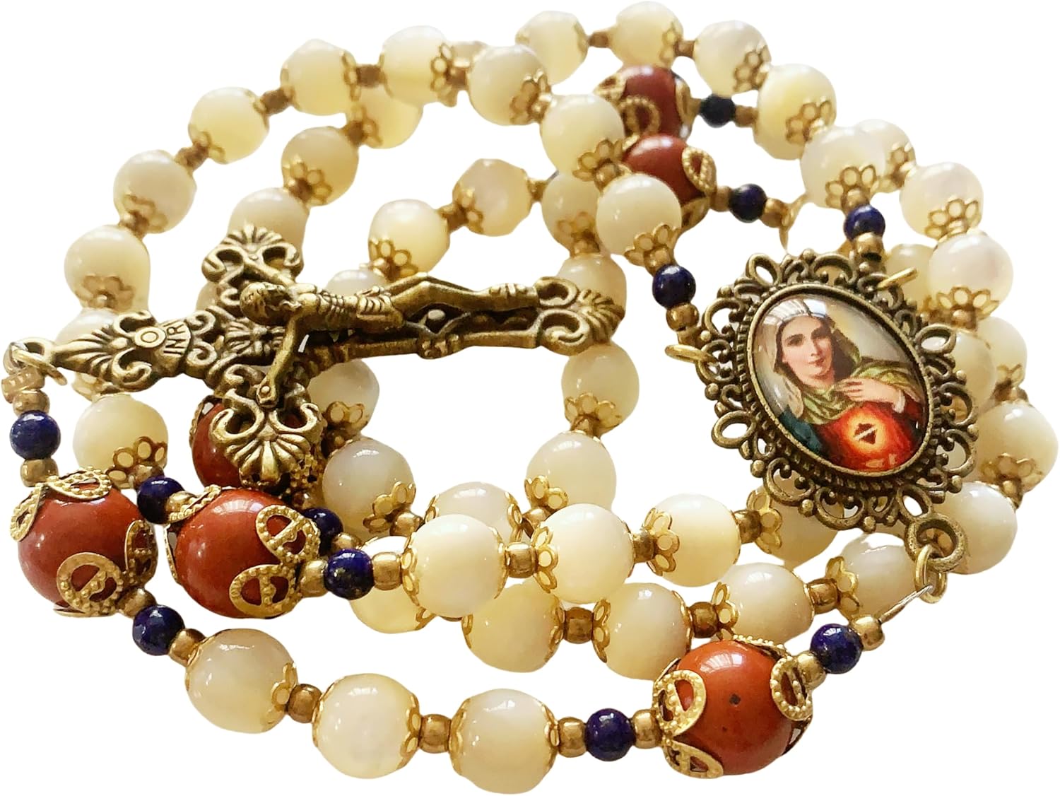 Lcqq handmade vintage mother of pearl beads + Red Agate beads catholic rosary necklace crucifix cross gift