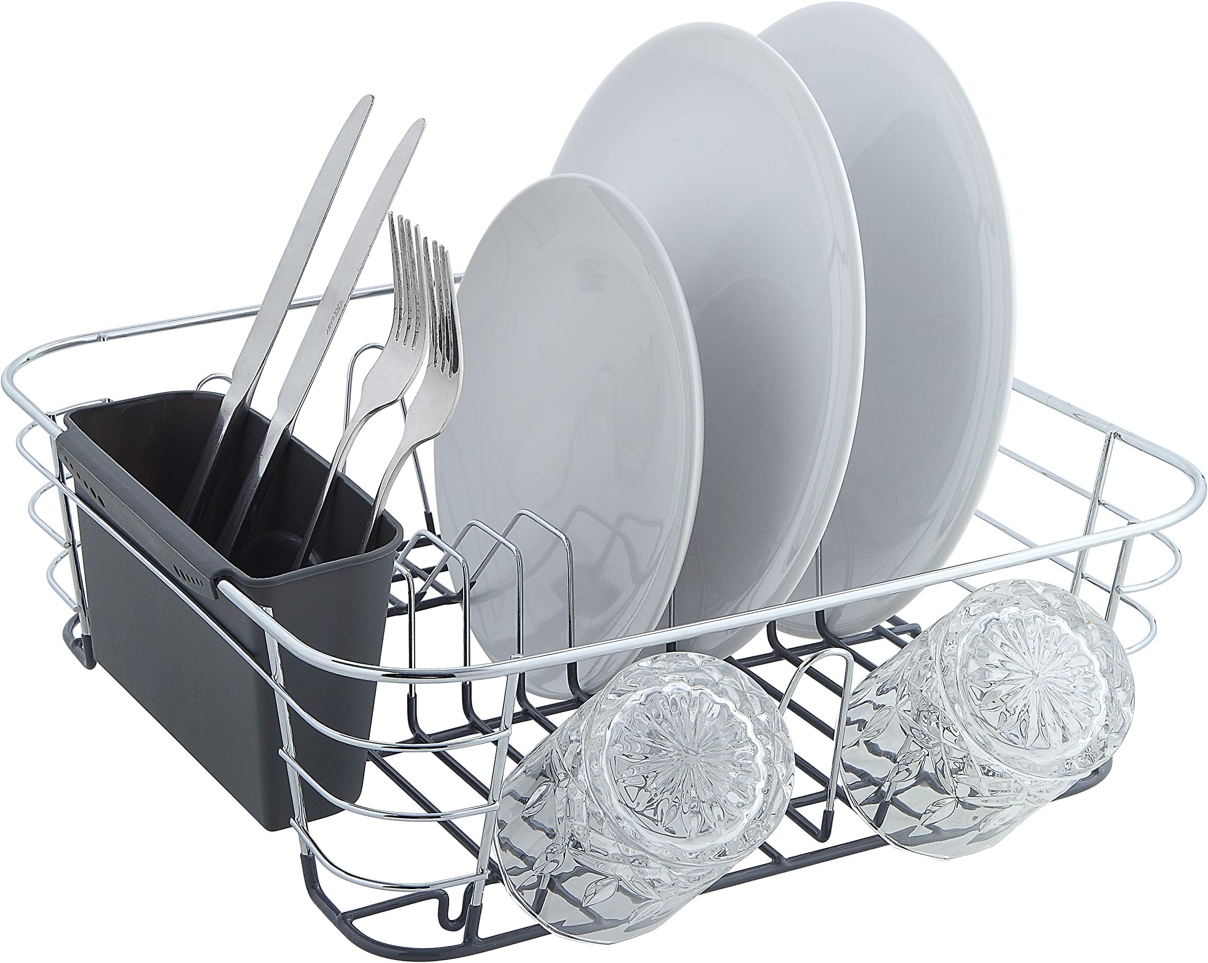 SunnyPoint Chrome Plated Steel Small Dish Drying Drainer Basket Rack with Utensil Holder