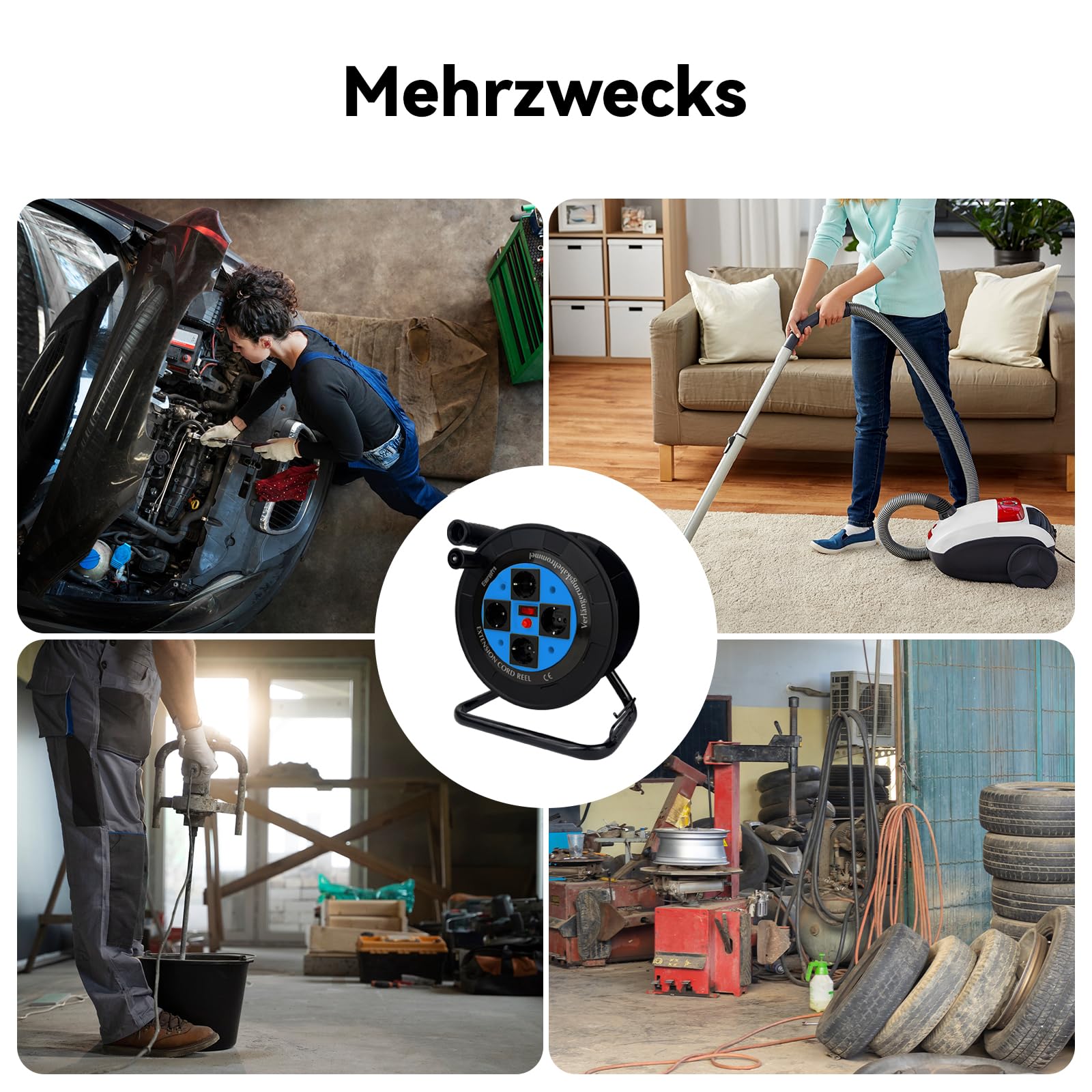 EnergyPro DL616B-EU Kabeltrommel leer IP44 4-fach Schuko Steckdosen, manueller Kabelaufroller mit klappbarem Griff, Leertrommel ohne Kabel