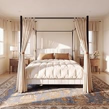 Christopher Knight Home Xamia California King Size Canopy Bed Frame, Upholstered Cal King Bed Frame with Channel-Tufted Headboard & Footboard, Metal Platform Canopy Bed Frame, White + Black
