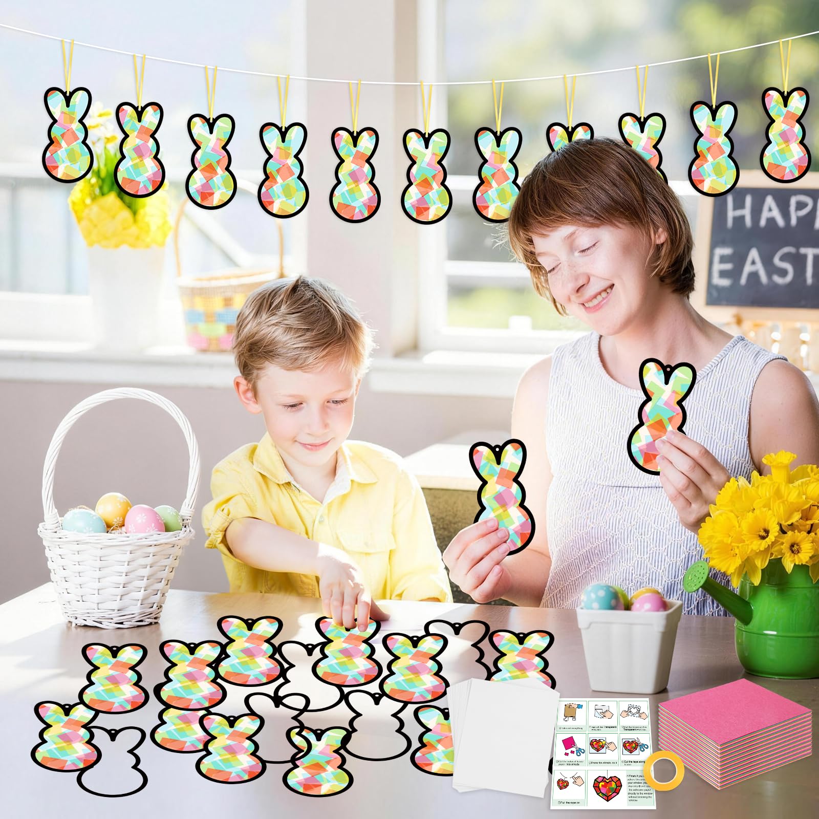 Qyeahkj Juego de 36 atrapasueños de conejo de Pascua, manualidades para niños, conejos coloridos, kit de manualidades de papel de seda, decoración colgante para Pascua, aula, hogar, actividad
