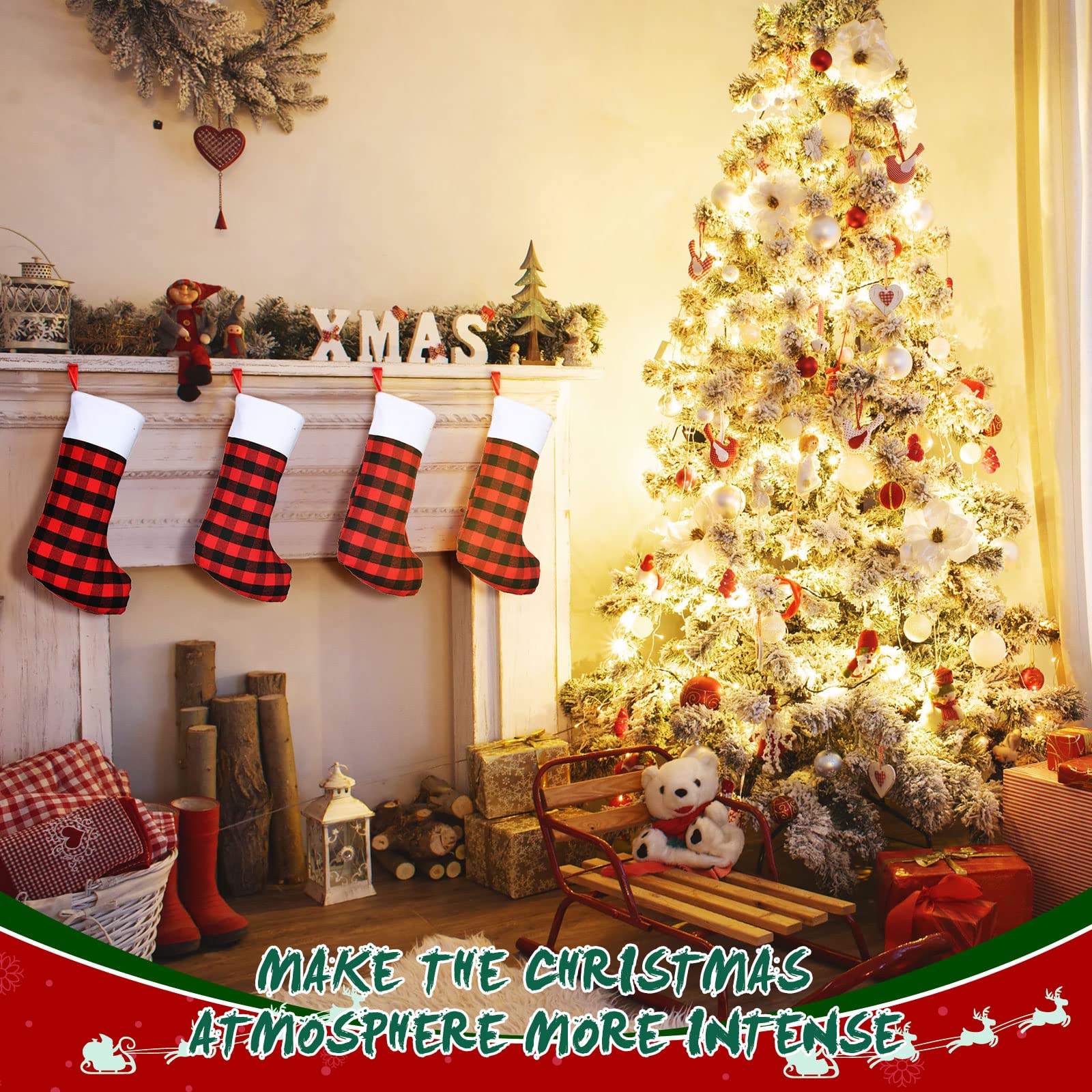 Lot de 50 chaussettes de Noël classiques à carreaux de 45,7 cm avec revers en peluche - Décorations pour la famille, les vacances, la décoration de fête de Noël (rouge et noir)