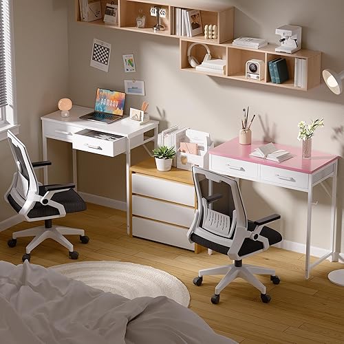 Miniatura 4 de Pamray Escritorio pequeño para computadora de 32 pulgadas con 2 cajones para dormitorio, estudio, escritura, mesa de oficina en casa para espacios