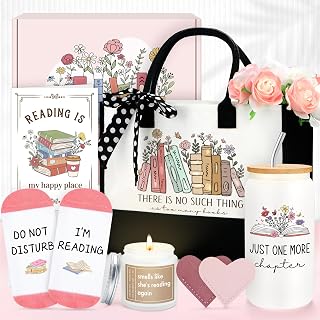 Saineron Book Lovers Gifts for Women - 8pc Bookish Set: Tote Bag, Frosted Glass Cup, Cozy Socks, Candle, Bookmarks