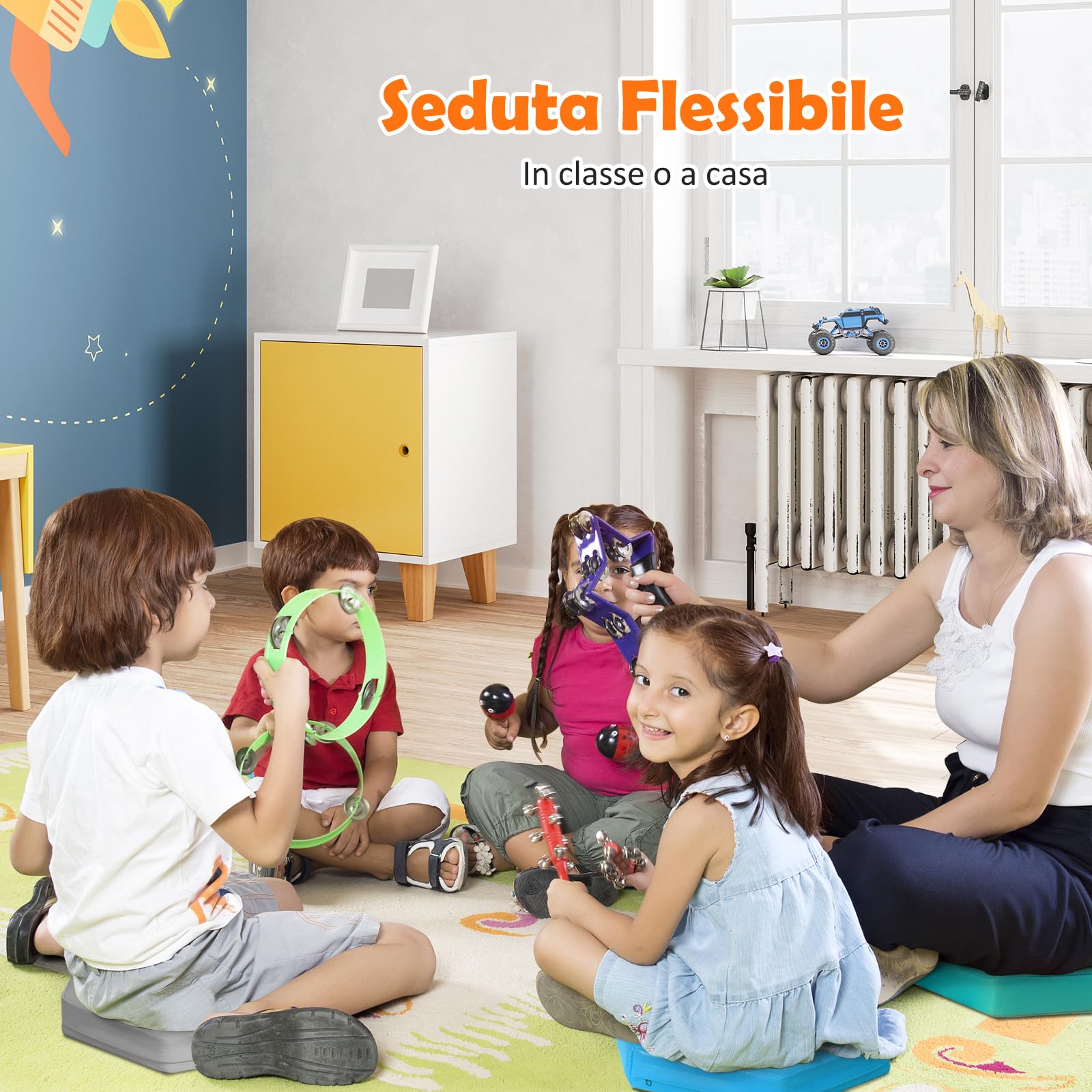 GYMAX Set di 6 Cuscini Esagonali per Bambini 3+, con Maniglia di Trasporto, Impermeabili per Attività Interno Esterno, Tappeto da Gioco Genitore-figlio, 38 x 34 x 5 cm (Blu)