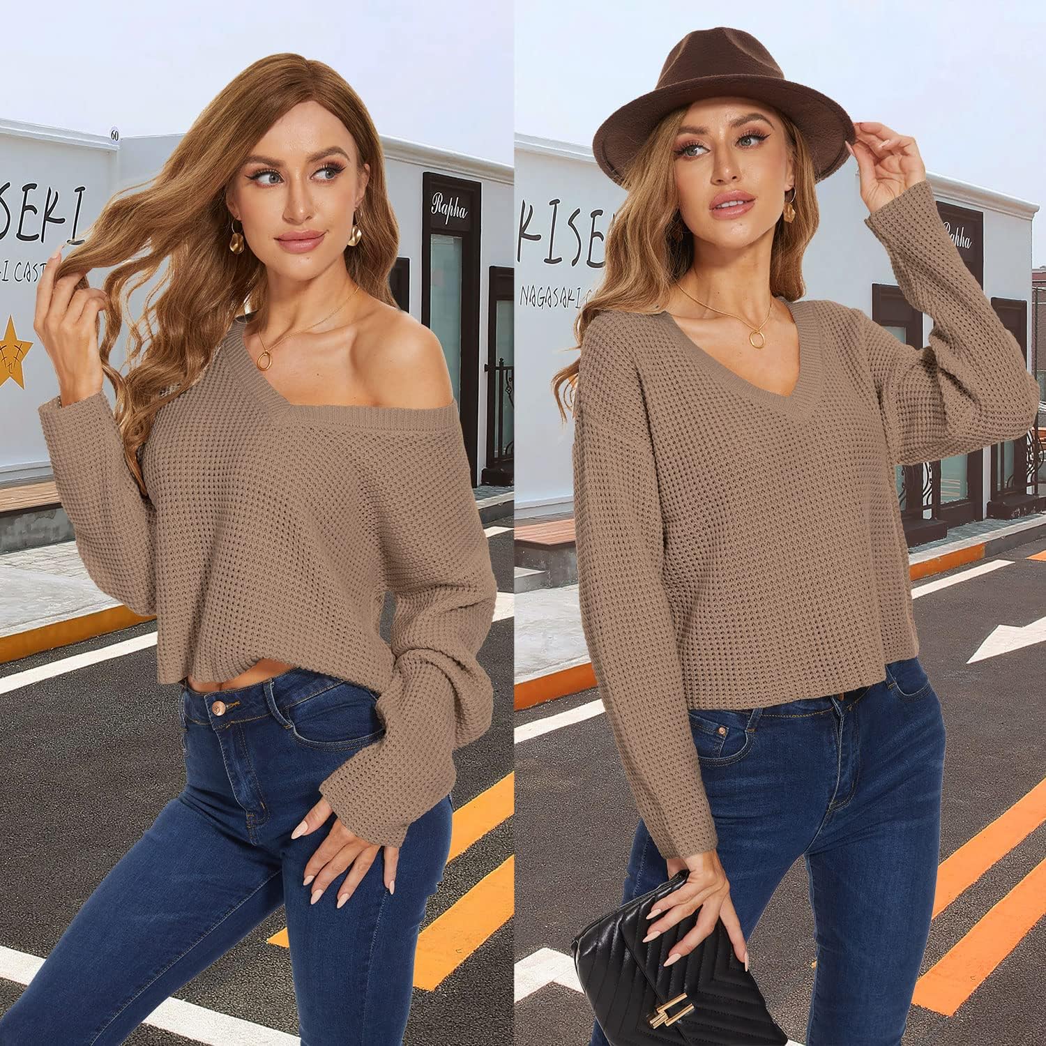 Jumppmile Womens V Neck Waffle Knit Cropped Top Long Sleeve Pullover Crop Sweater - Image 5