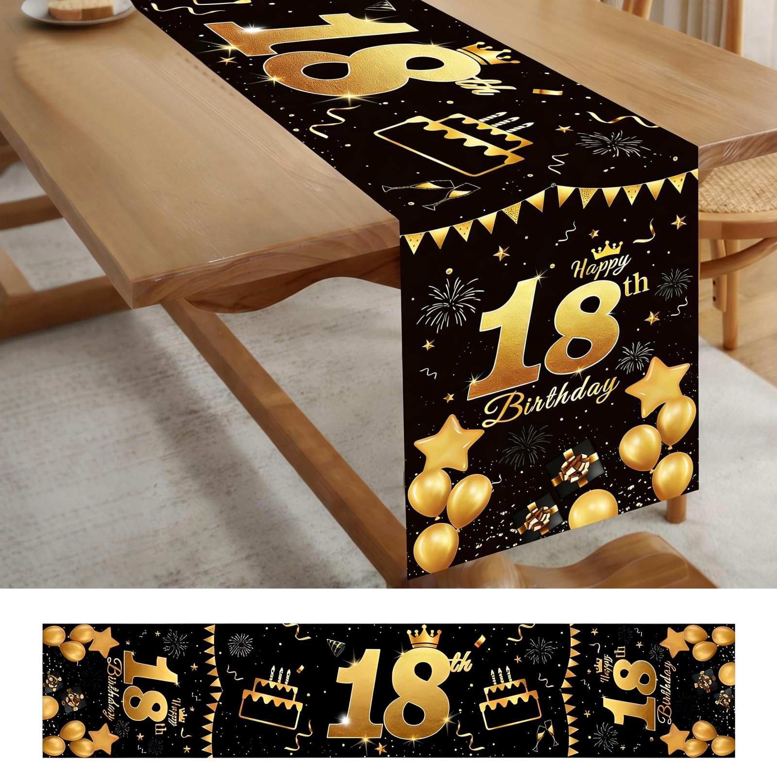 18th Birthday Decorations 18th Birthday Table Runner for Boys Girls Black Gold Table Decorations for Boys Girls Happy-Birthday Table Cloth for Him Her, 180x35cm