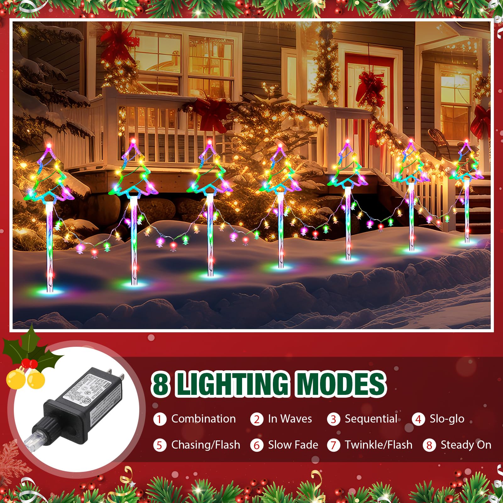 VIHOSE 10 luces de camino de Navidad enchufables para decoración al aire libre, 8 modos, luces LED impermeables para decoración de jardín para pasarela, patio, césped, porche, decoración de vacaciones