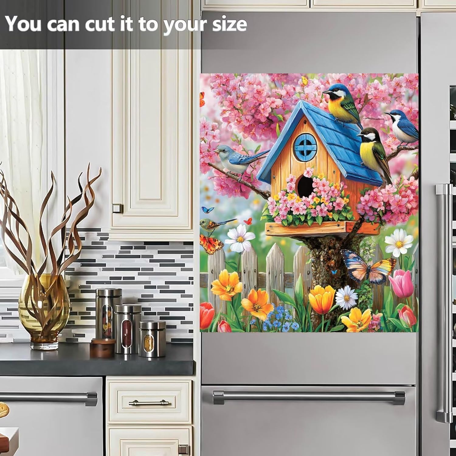 Blue Birds Magnet Dishwasher Front Door Cover Skin Panel Bird House Home Appliance Magnet Refrigerator Cover Spring Colorful Flowers Full Stickers for Kitchen - 23" x 26", Magnetic
