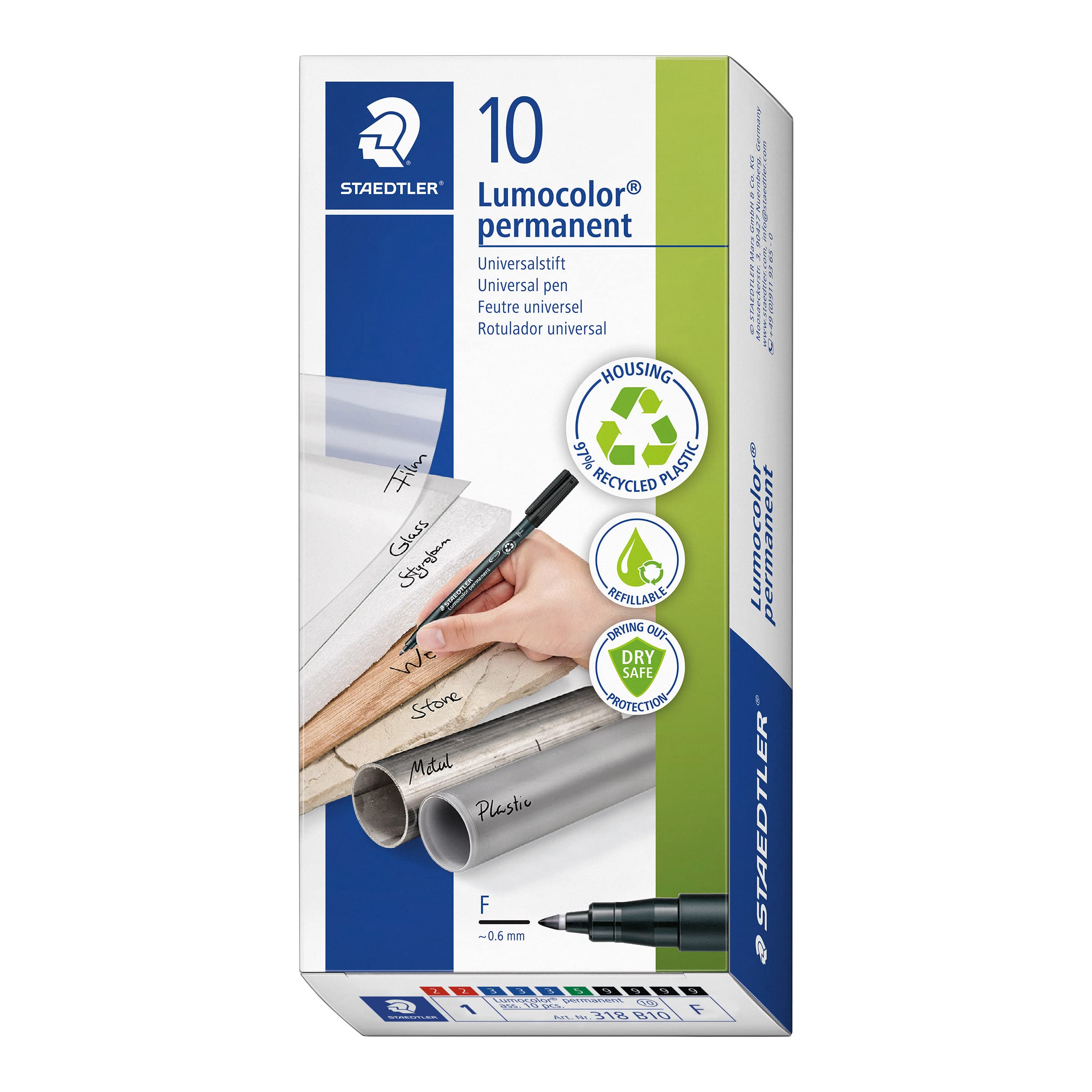 STAEDTLER Lumocolor Permanente 318, resistente al agua, se seca en segundos, punta F de 0,6 mm, fabricado en Alemania Caja cartón con 10 rotuladores en 4 colores, 318 B10