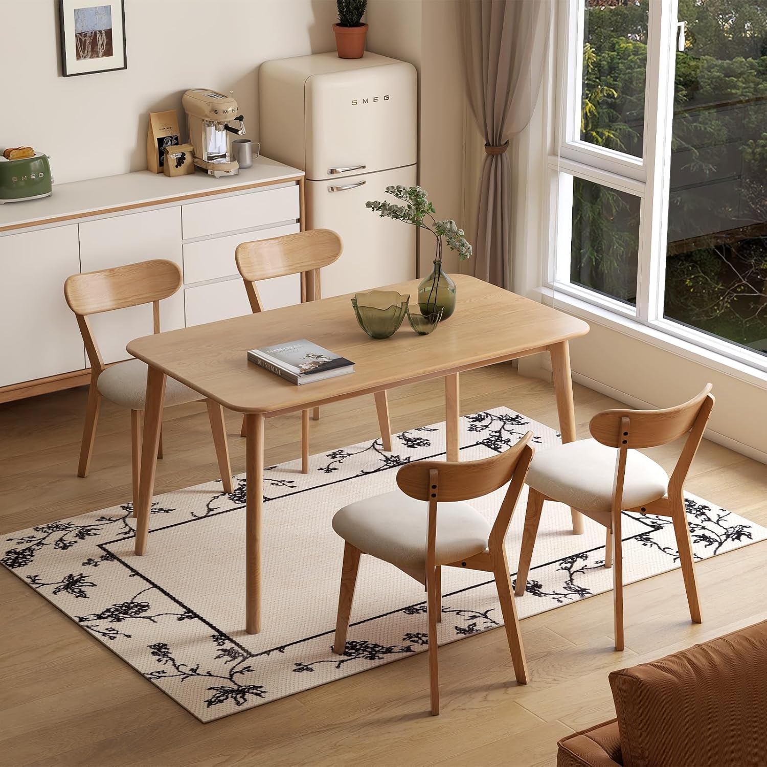 100% Solid Wood Upholstered Dining Chairs, Mid Century Modern Oak Dining Chairs with Curved Back Design with Butterfly Wing Shape for Kitchen, Dining Room, Restaurant (4PK, Log Color-Beige Cushion)