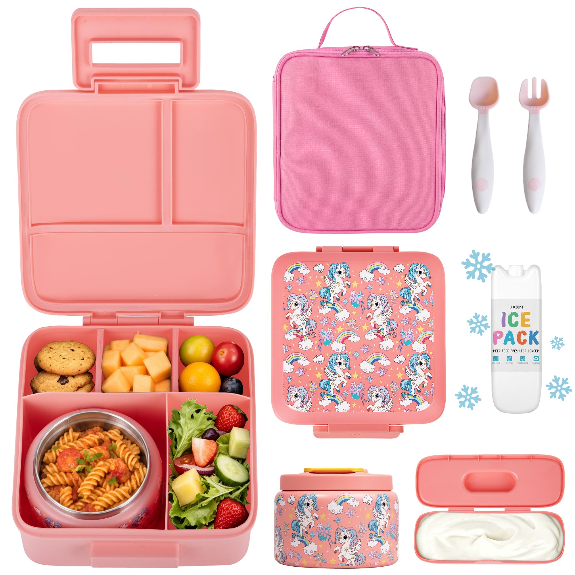 JXXM Bento Lunch Box for Kids With 8oz Soup Thermo,Leak-proof Lunch Containers with 5 Compartment,Thermos Food Jar and Lunch Bag, Food Containers for School (A-Pink(Fantasy Unicorn))